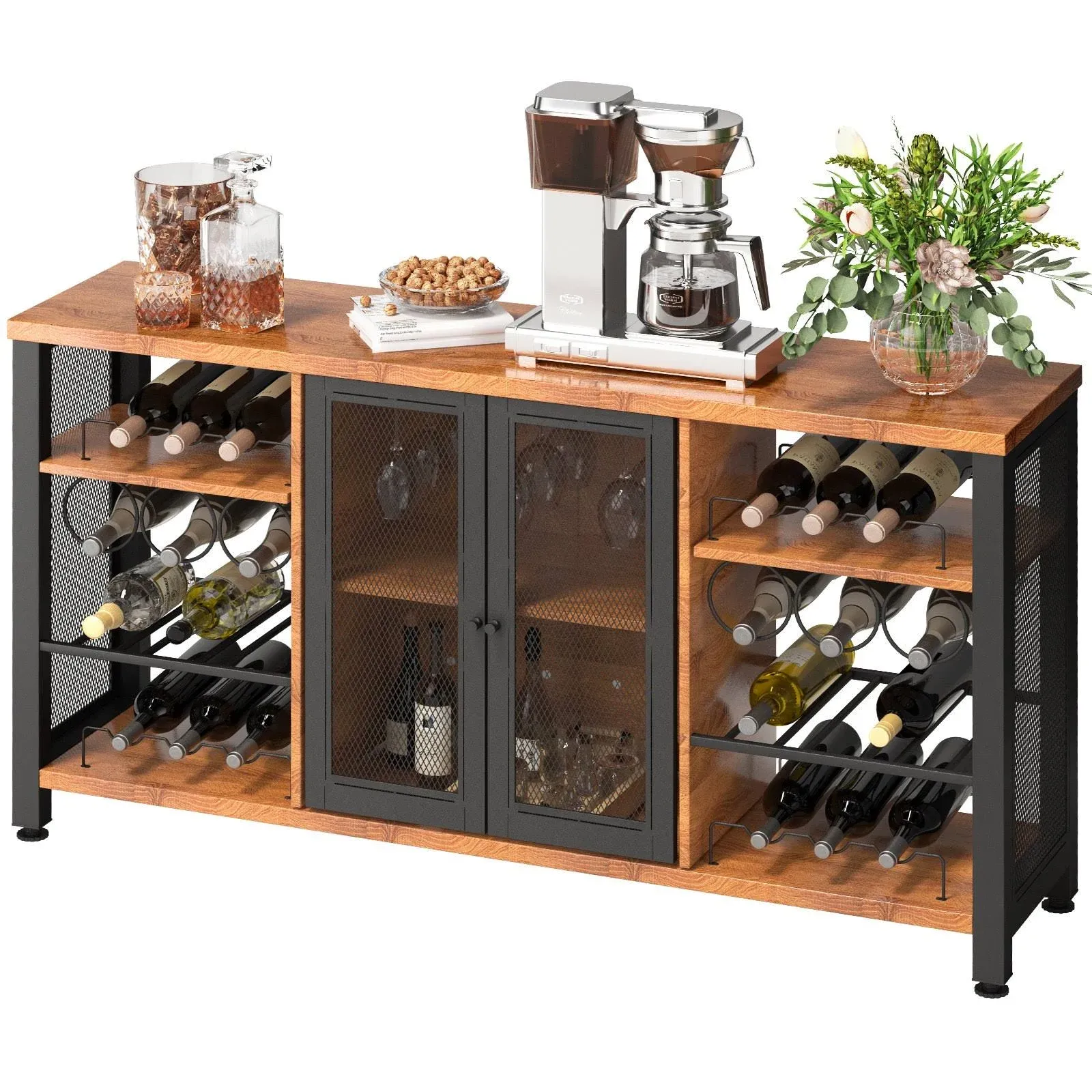 VEVOR Industrial Bar Cabinet Wine Bar Cabinet Table w/ Wine Rack Glass Holder