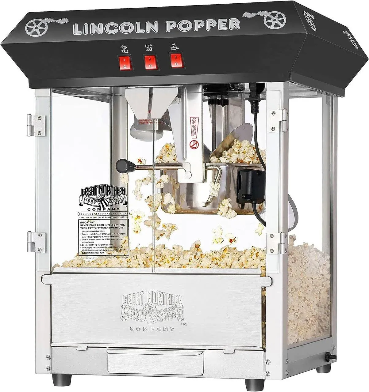 Lincoln Popcorn Machine - 8oz Popper with Stainless-Steel Kettle, Reject Kernel Tray, Warming Light and Accessories by Great Northern Popcorn (Black)