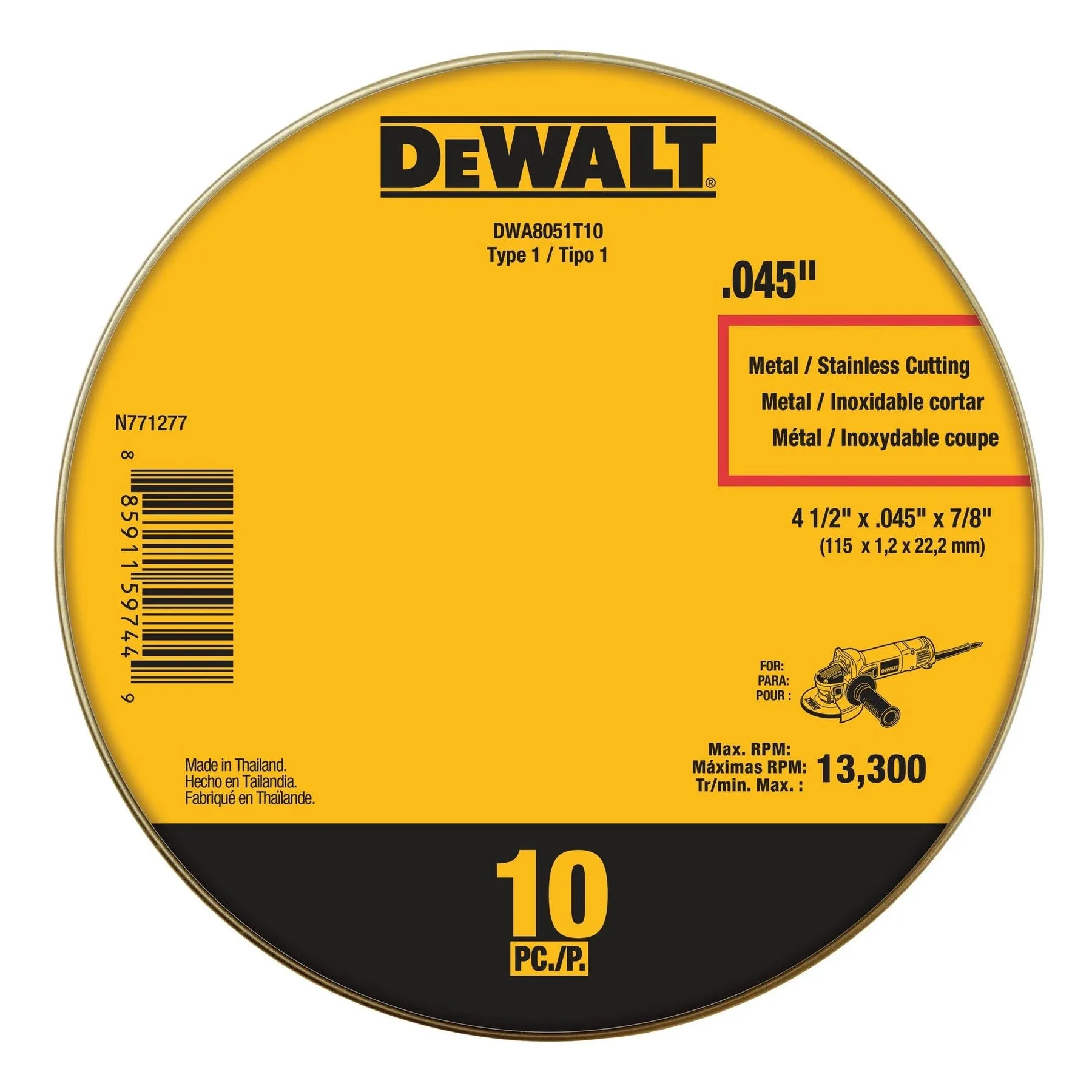 DeWalt 4-1/2&quot; x .045&quot; x 7/8&quot; T1 Metal Cut-off Wheels – 10 Pack