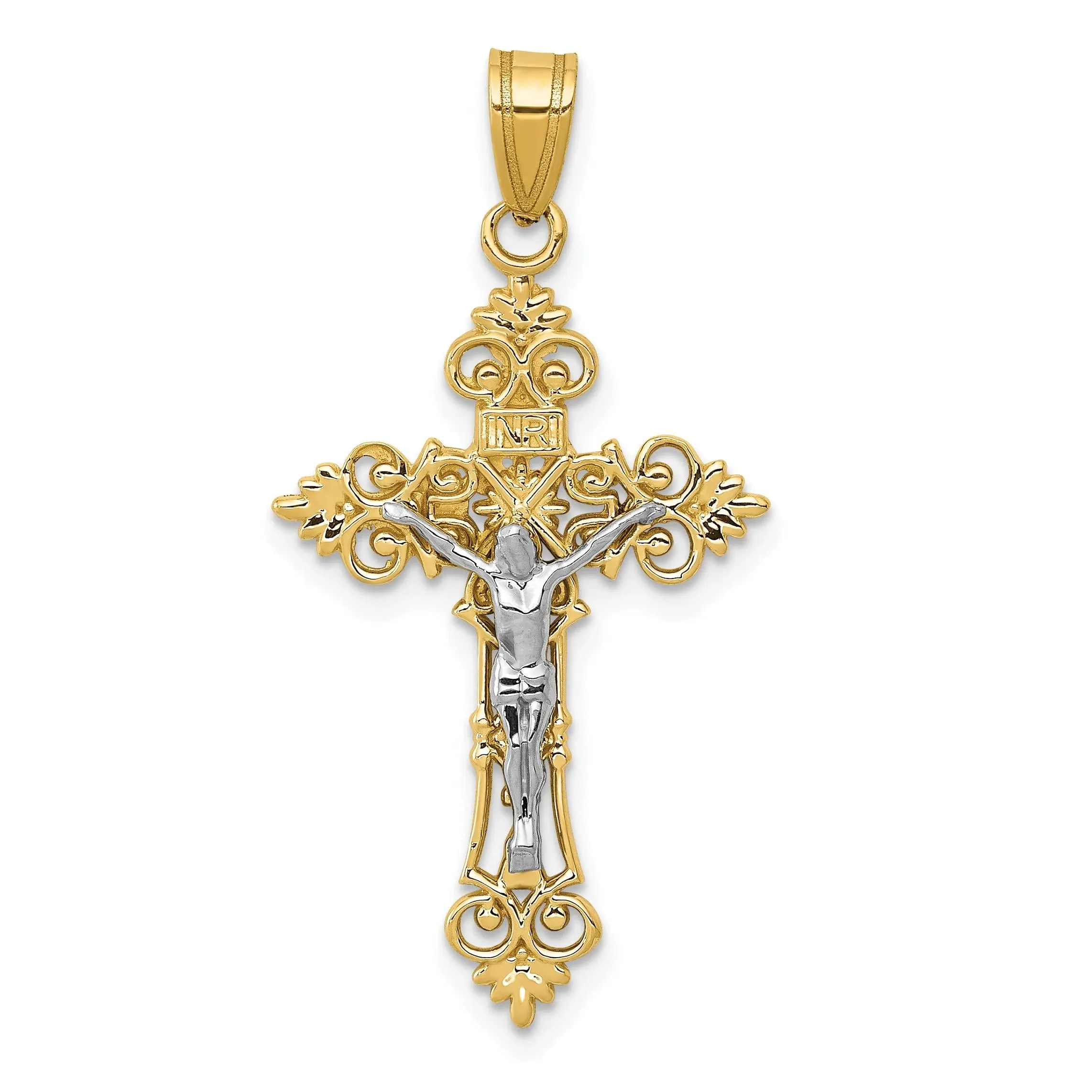 14k Two-tone Gold Two-tone Gold Medium Lacy-Edge Inri Crucifix Pendant