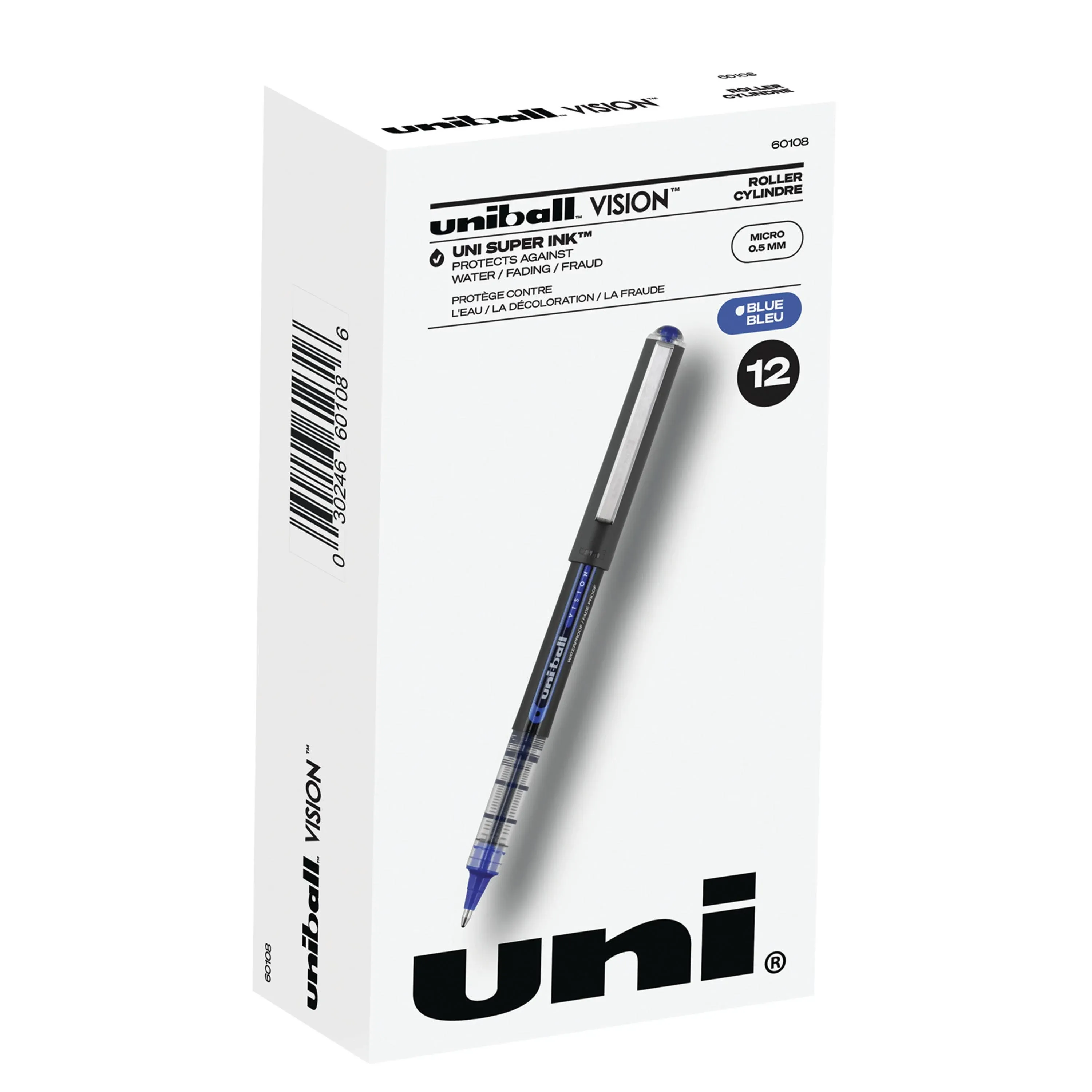 uniball Vision Rollerball Pen, Micro Point, 0.5mm, Blue Ink, Dozen (60108) | Staples