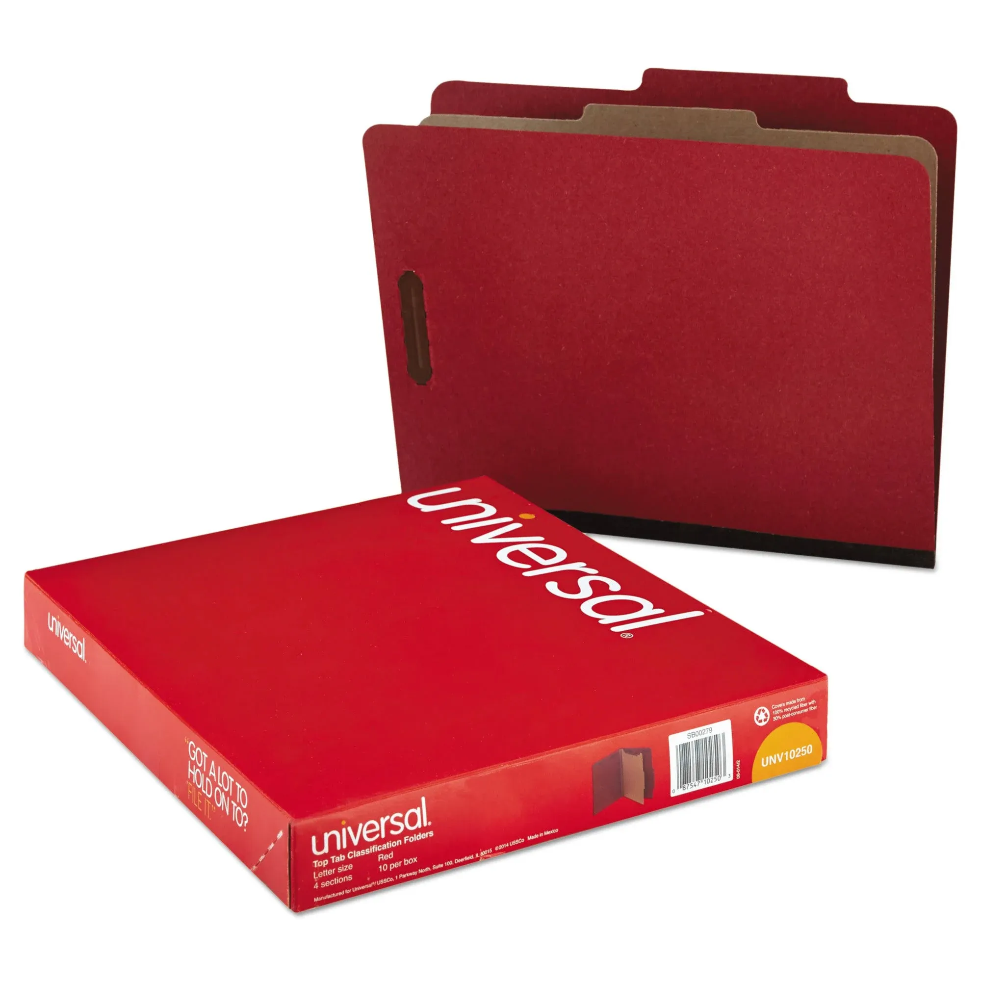 Universal Four-section Pressboard Classification Folders, 2" Expansion, 1 Divider, 4 Fasteners, Letter Size, Red Exterior, 10/box