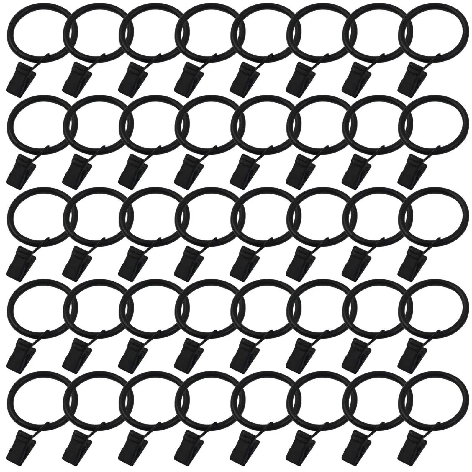 40x 1.5&#034; inch Metal Curtain Rings with Clips Gloss Black Strong Clip Rustproof