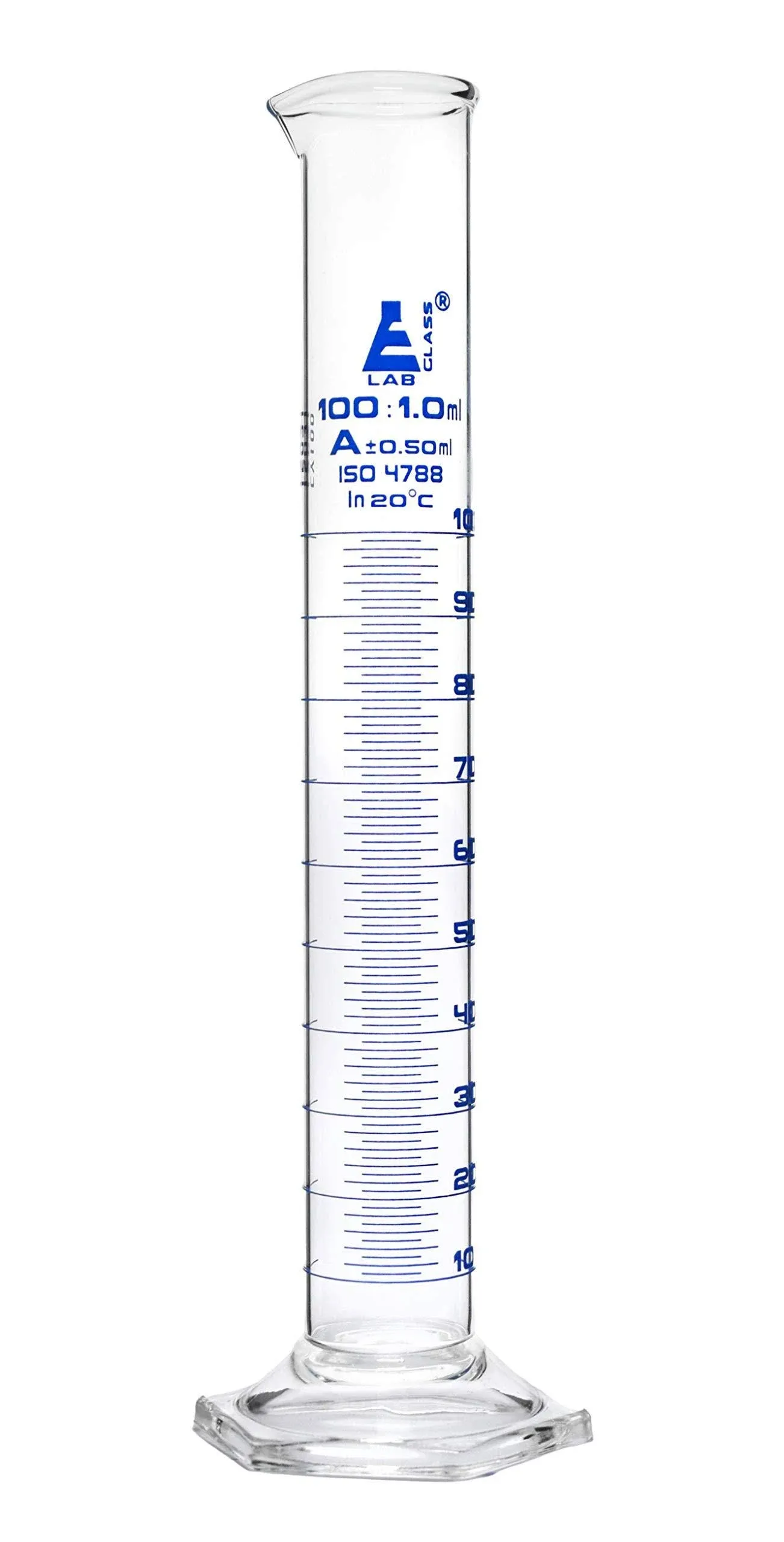 Graduated Cylinder, 100ml - Class A - Blue Graduations, Hexagonal Base