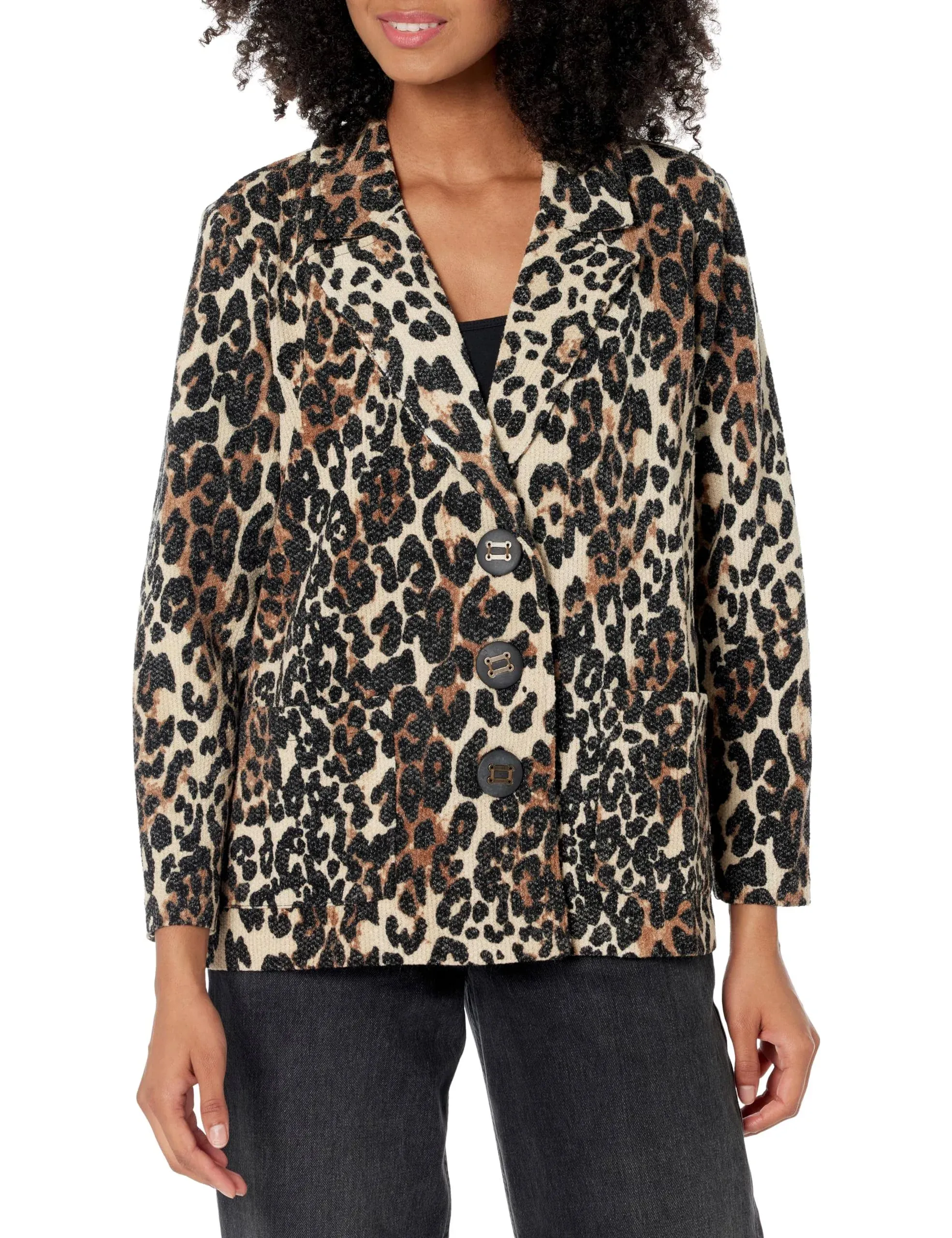 multiples Cheetah Print Notch Lapel Collar Long Sleeve 3-Button Front Jacket - S