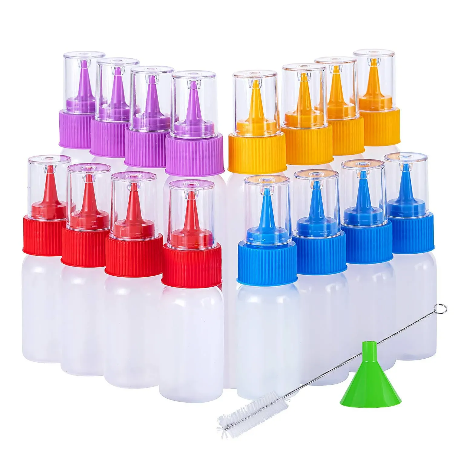 Squeeze Writer Bottles Set-16 Squeeze Cookie Icing Bottles, 1 Cleaning Brush and 1 Funnel, Applicator Bottles-8 Each (1 and 2 Ounce) for Food Coloring Cookie Decorating, Multicolored