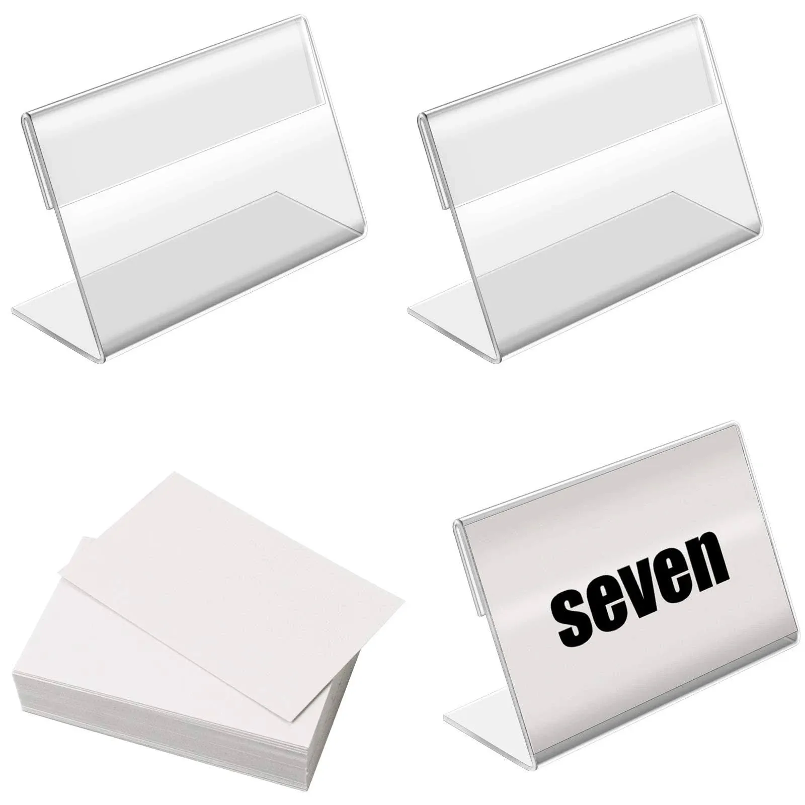 BILLIOTEAM 50pack Mini Clear Sign Display Holder with Blank Labels,2.36*1.57 Inch Horizontal Slanted L-Shape Plastic Name Card Price Card Tag Label Counter Top Stand