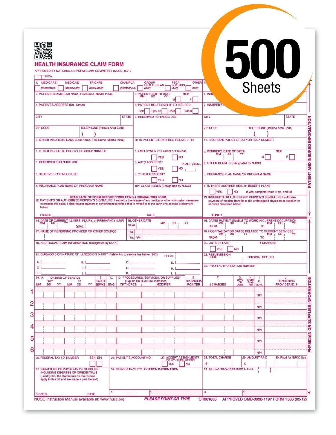 Cms 1500 Claim Forms 'New' HCFA (Version 02/12) - Health Insurance, Laser Cut ...