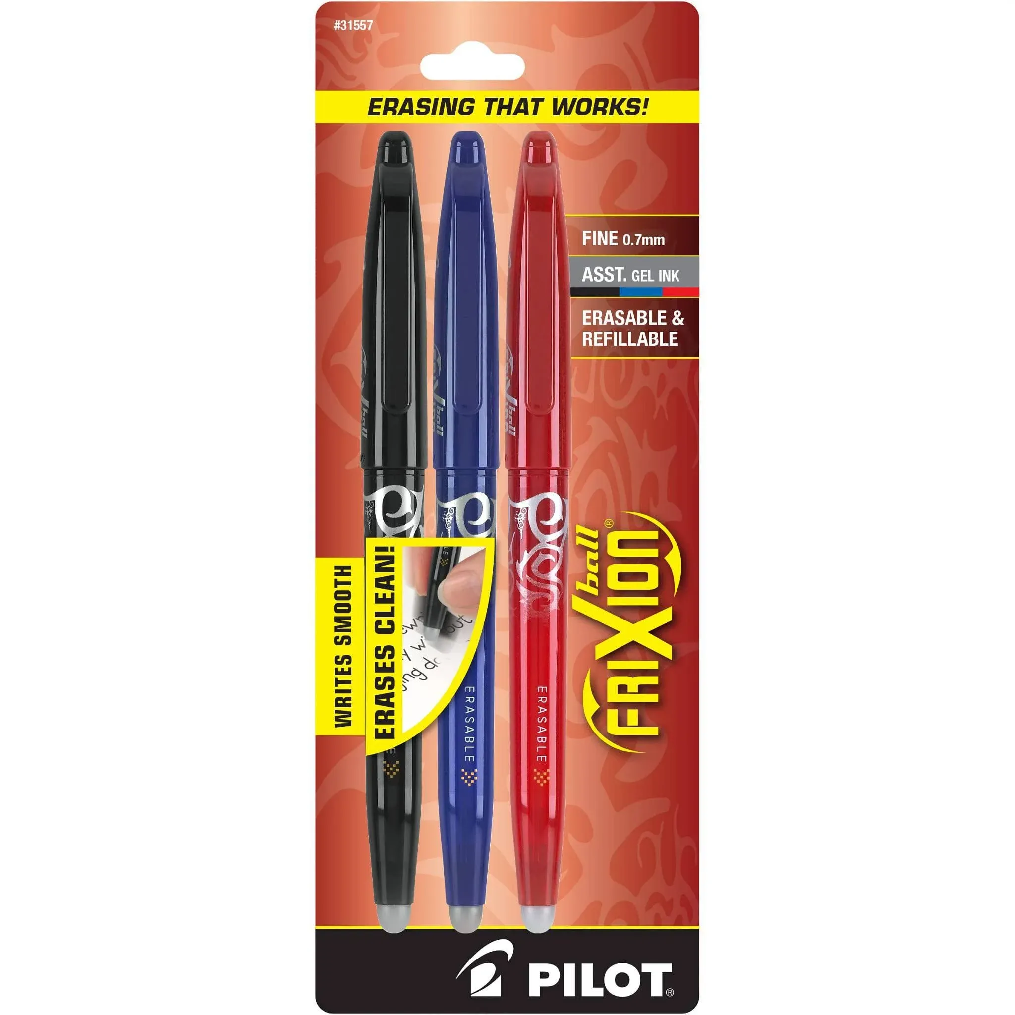 Pilot FriXion Erasable Gel Pens, Fine Point, 0.7 mm, Assorted Colors - 3 pack