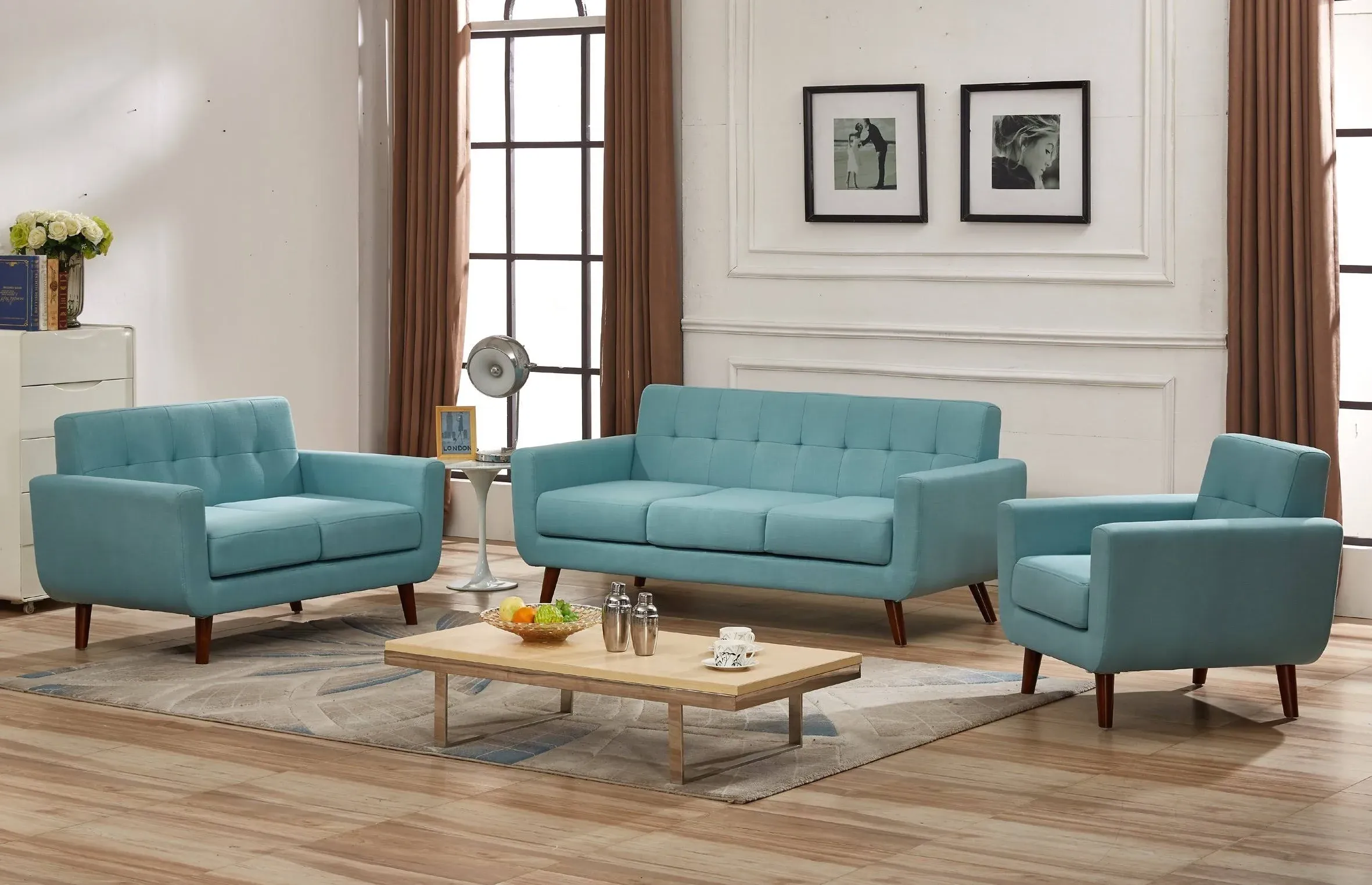 US Pride Furniture S5169-3PC Sofas1 Charles Mid-Century Modern 100% Linen Fabric 3 Piece Living Room