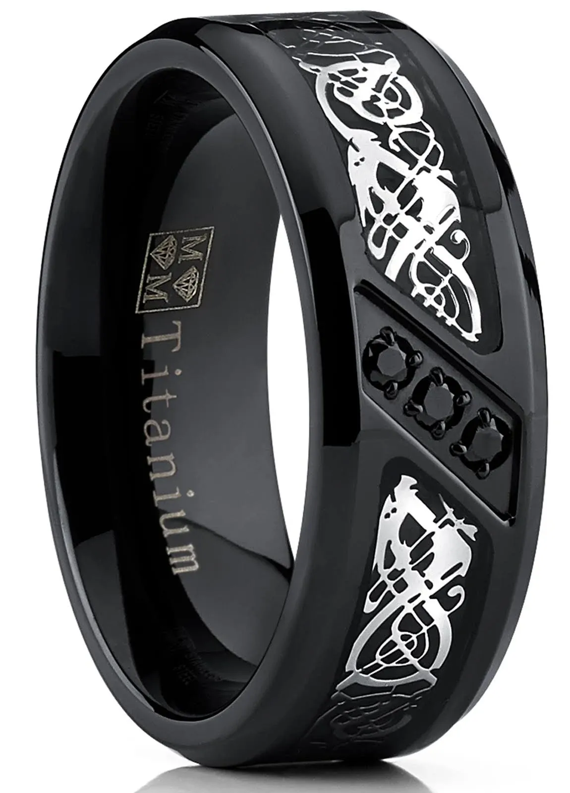 Black Titanium Wedding Ring Band with Dragon Design Over Carbon Fiber