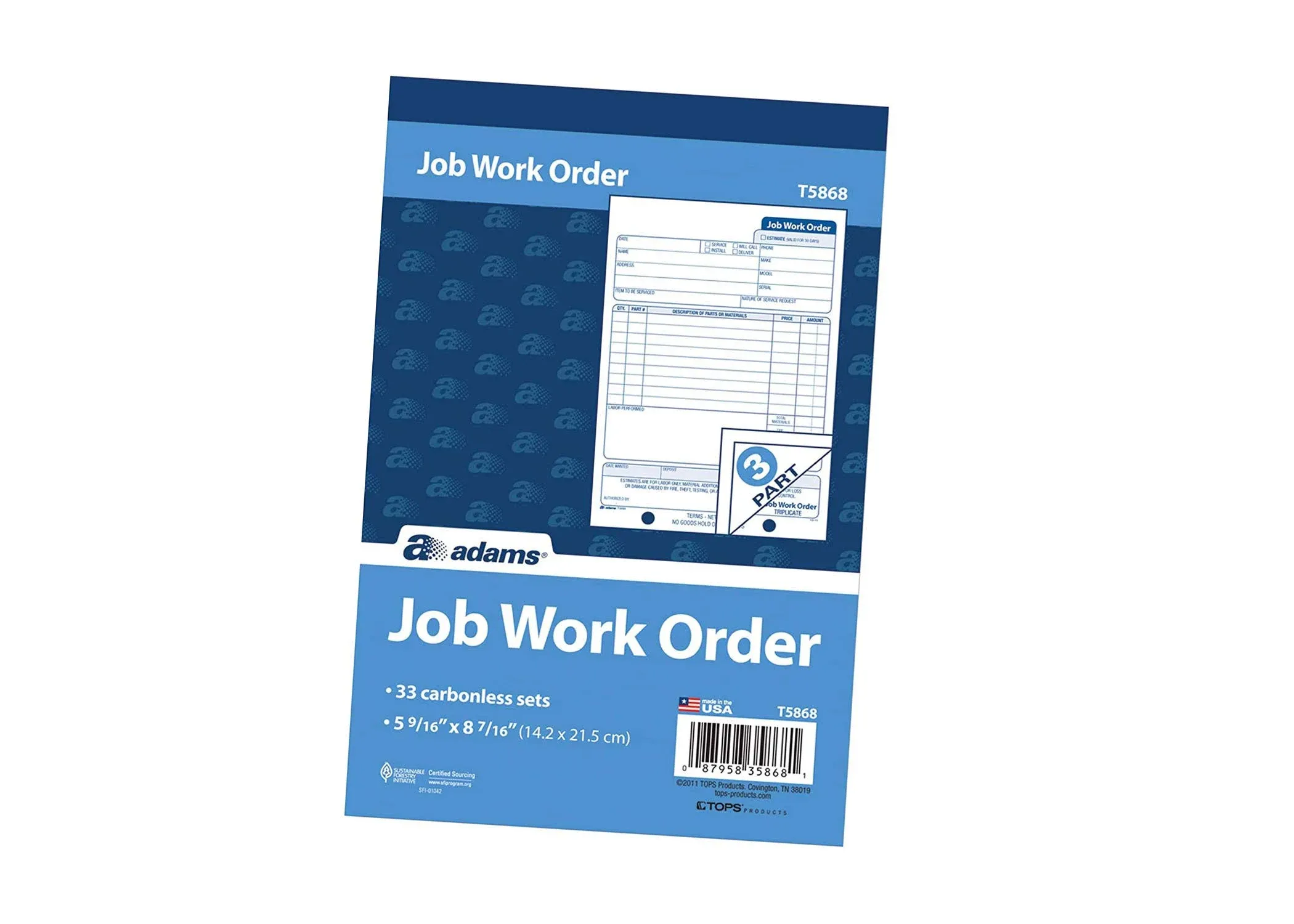 Adams Carbonless Job Work Order Book, 5 9/16" x 8 7/16", 3-Part, White/Canary/White Tag