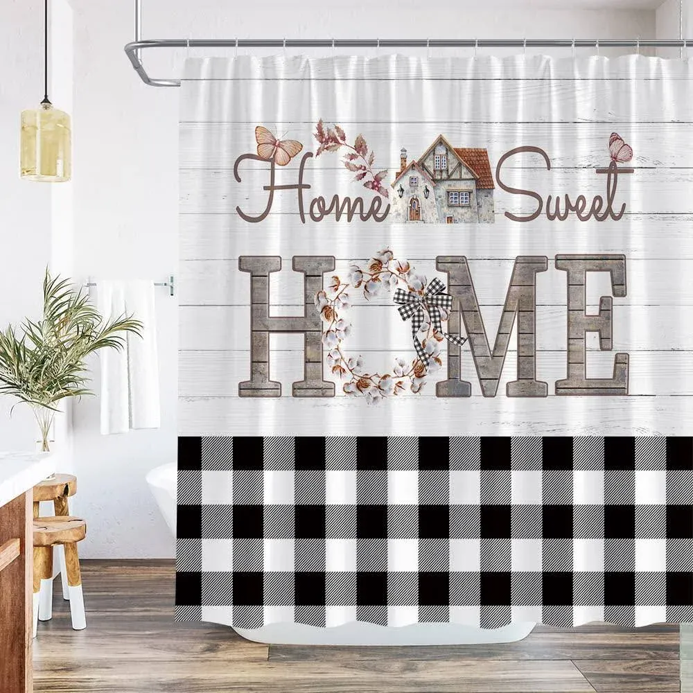 WIN4LIFE Buffalo Plaid Sweet Home Black and White Shower Curtain Cute Butterfly ...