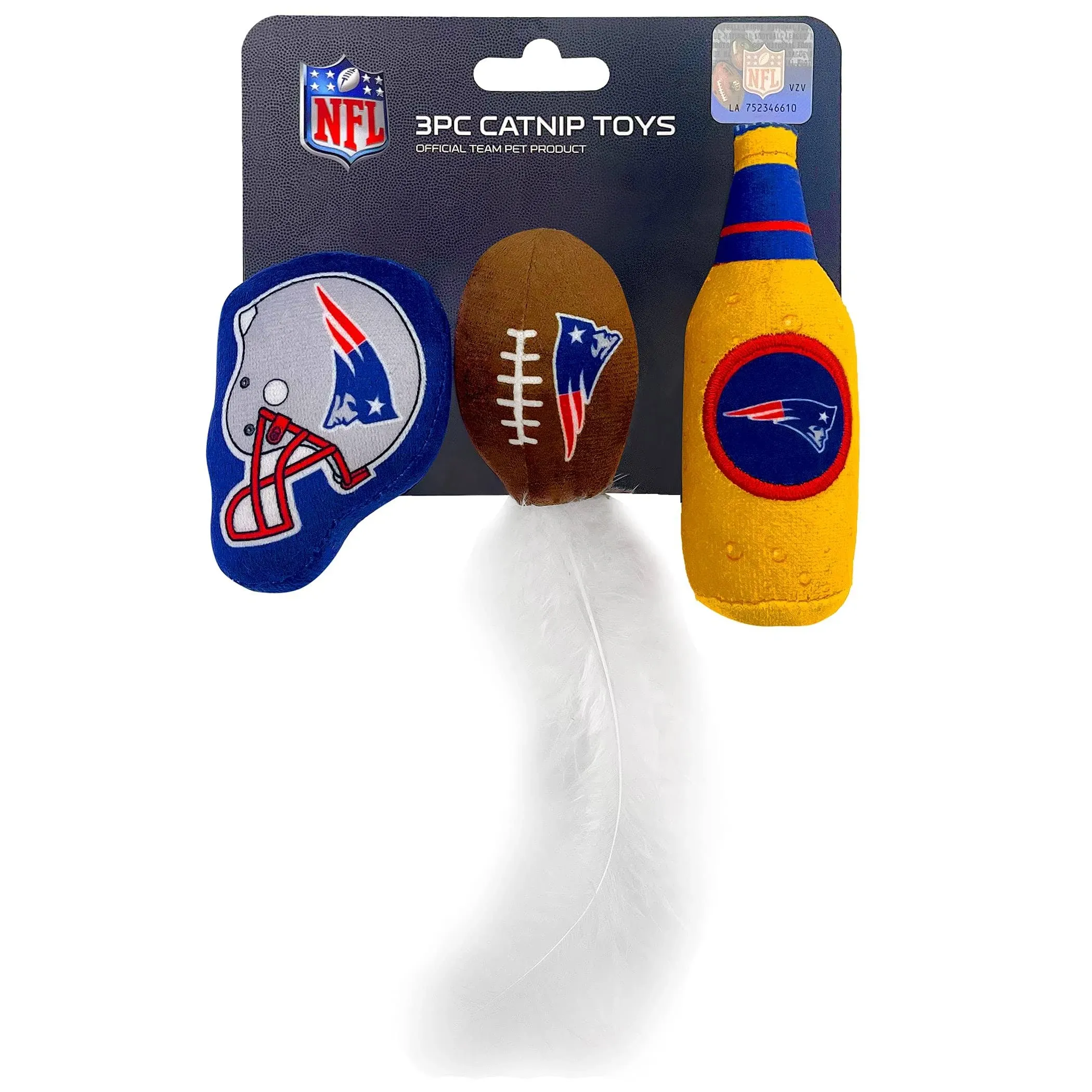 BEST PLUSH CAT TOY: NFL NEW ENGLAND PATRIOTS Complete Set of 3 piece Cat Toys filled with Fresh Catnip. Includes: 1 Helmet Cat Toy, 1 Football Cat Toy with Feathers & 1 Beer Bottle all with Team LOGOS