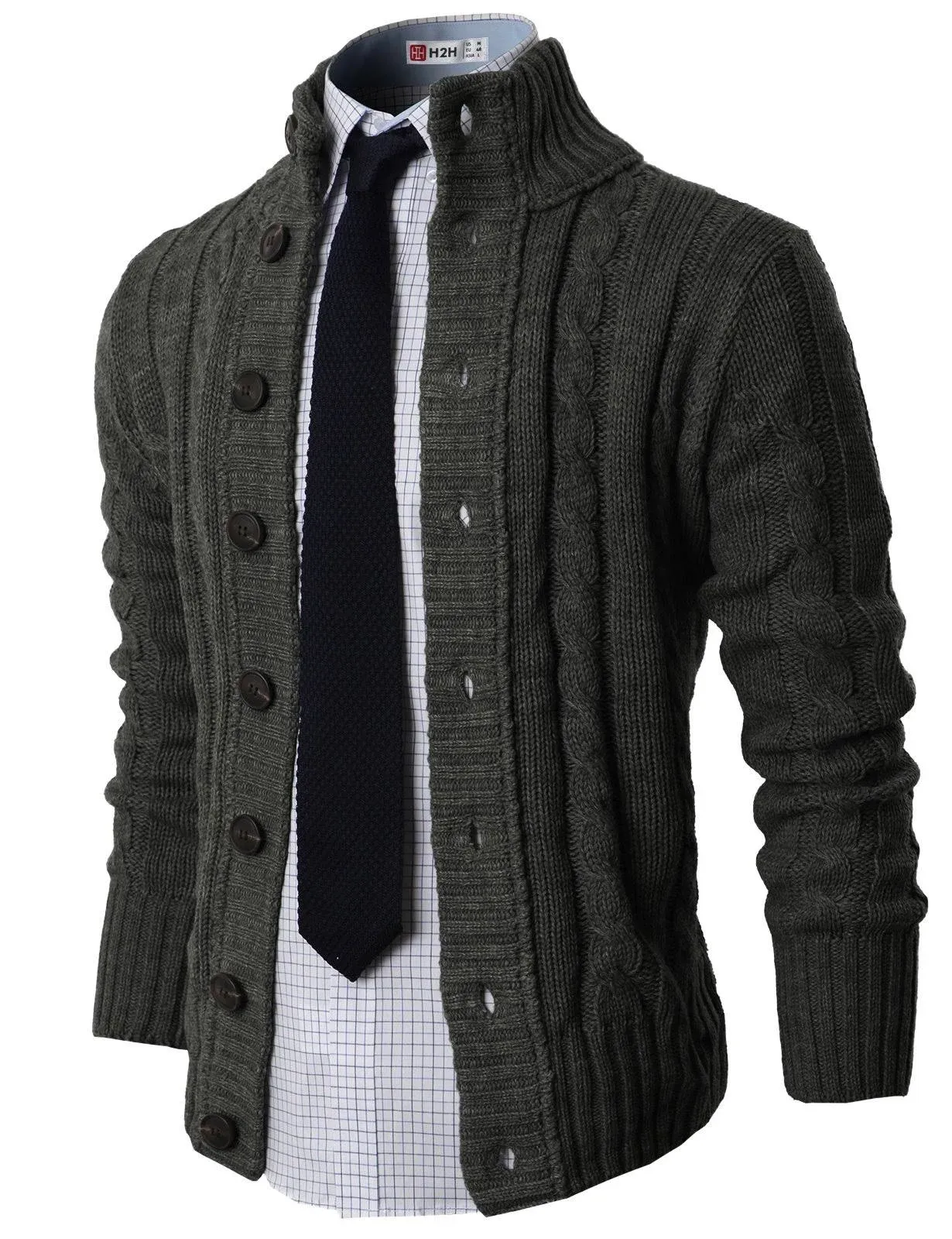 H2h Mens High Neck Twisted Knit Cardigan Sweater with Button Details Charcoal US ...