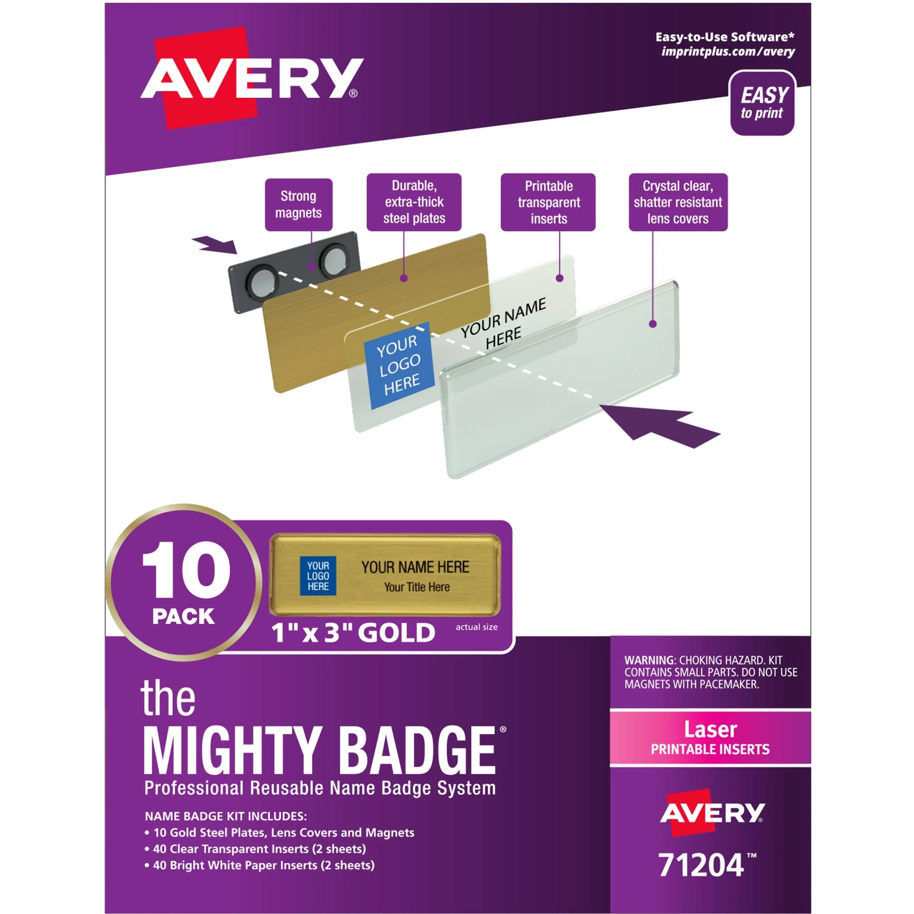 Avery The Mighty Badge Name Badge Holder Kit Horizontal 3 x 1 Laser Gold 10 ...