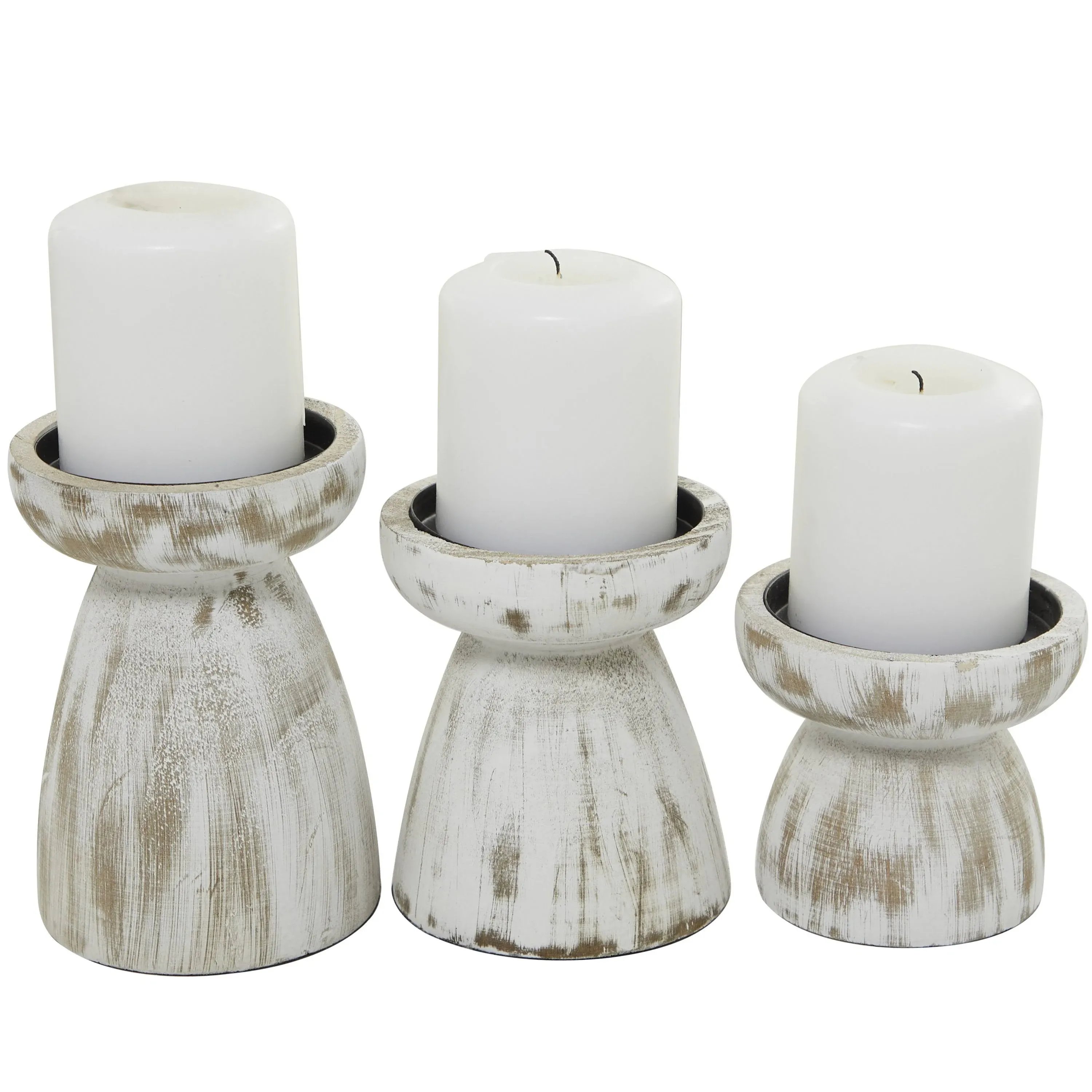 Brushed White Wood Pillar Candle Holders Set of 3