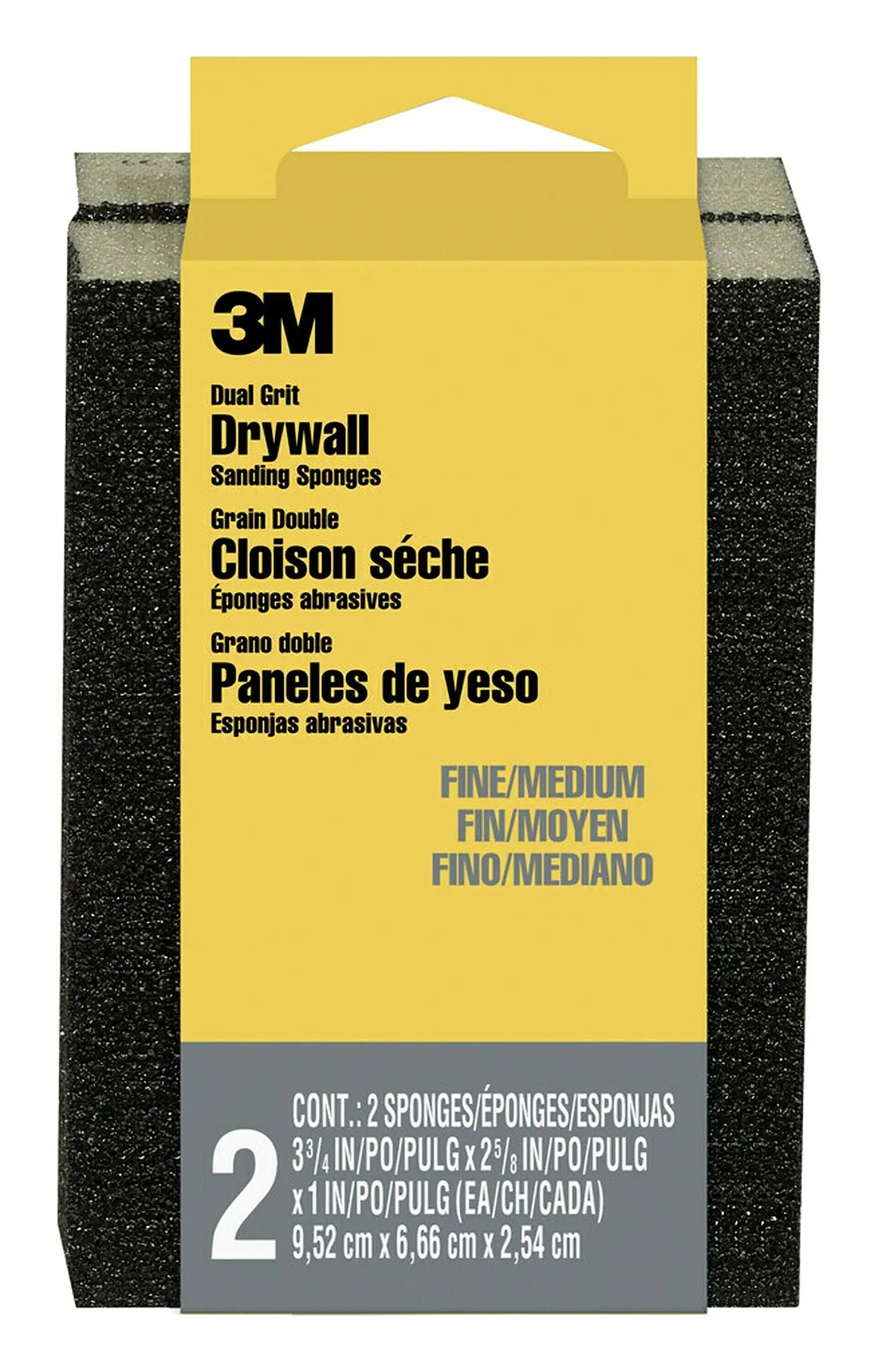 2.625" x 3.75" x 1" Fine/Medium Grit Drywall Sanding Sponge, 2-Pack 3M 19093