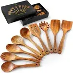 Zulay Kitchen 9 Piece Teak Wooden Utensils Cooking Utensil Set - Wooden Spoons including Salad, Pasta Fork