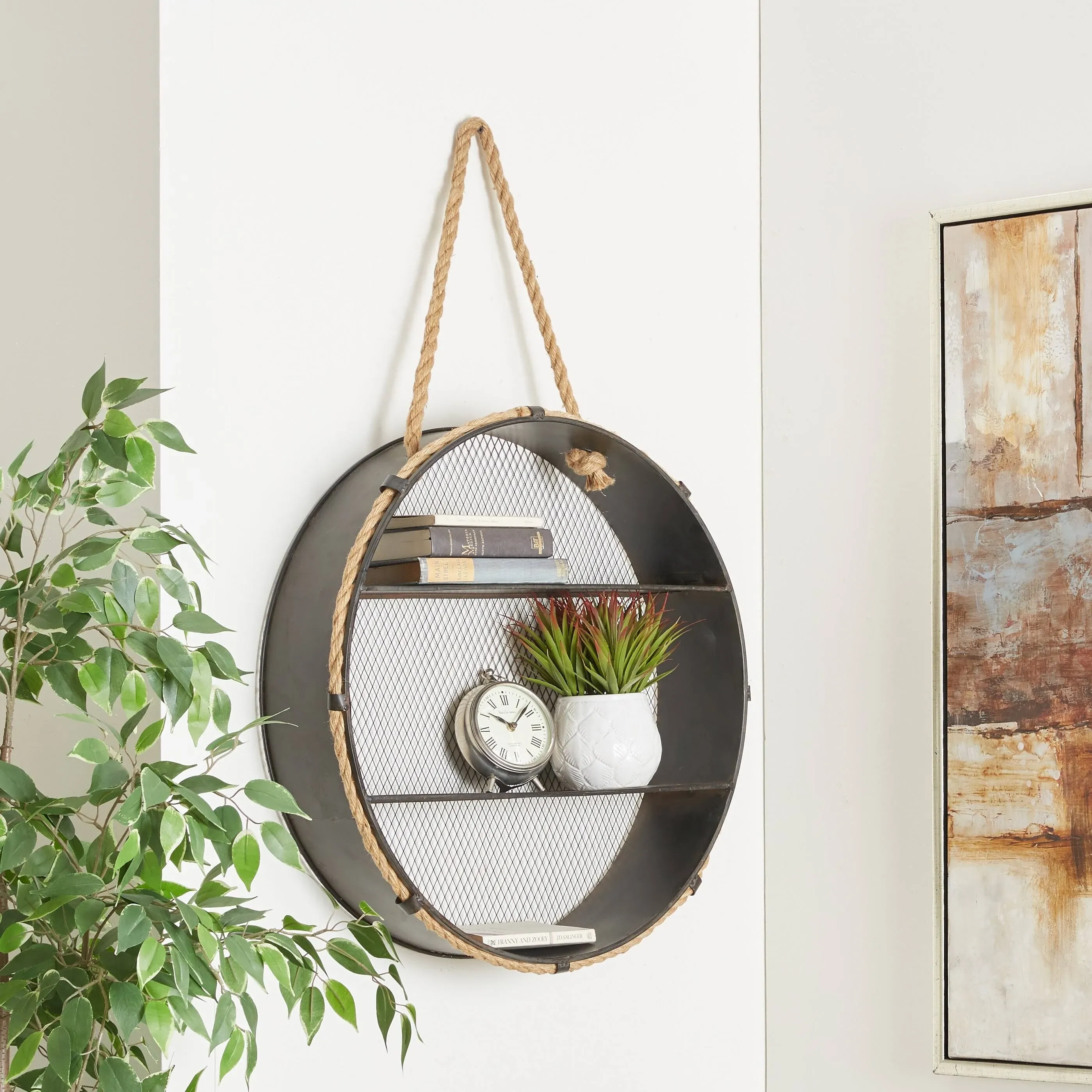 Deco 79 Metal Round 2 Shelves Wall Shelf with Hanging Rope, 24" x 6" x 24", Black