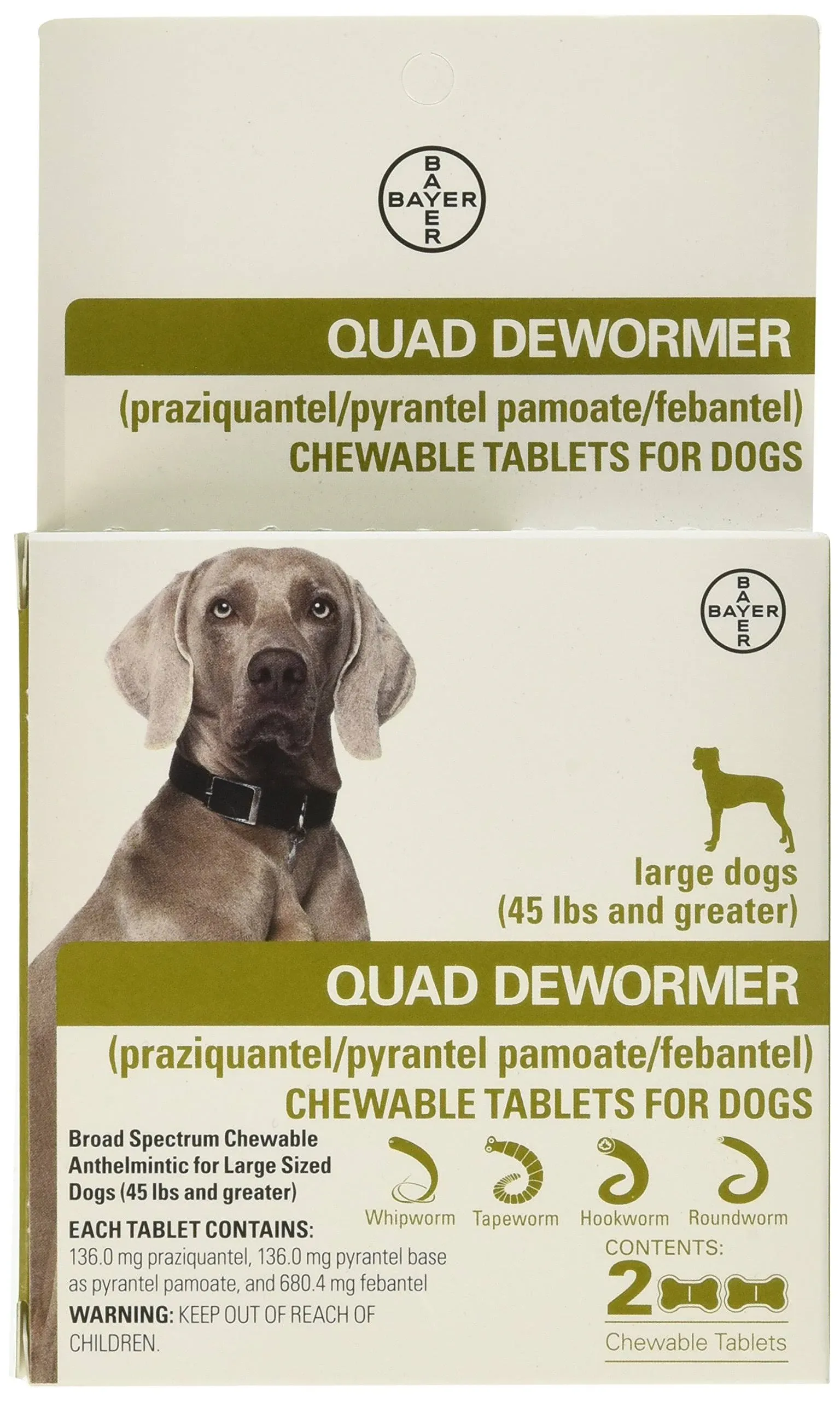 Bayer Animal Health Quad Dewormer for Large Dogs (Over 45 lbs) 2 Chewable Tablets