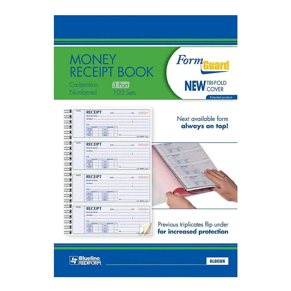 Rediform Money Receipt Book, 2 3/4" x 7" Carbonless Triplicate, 100 Sets