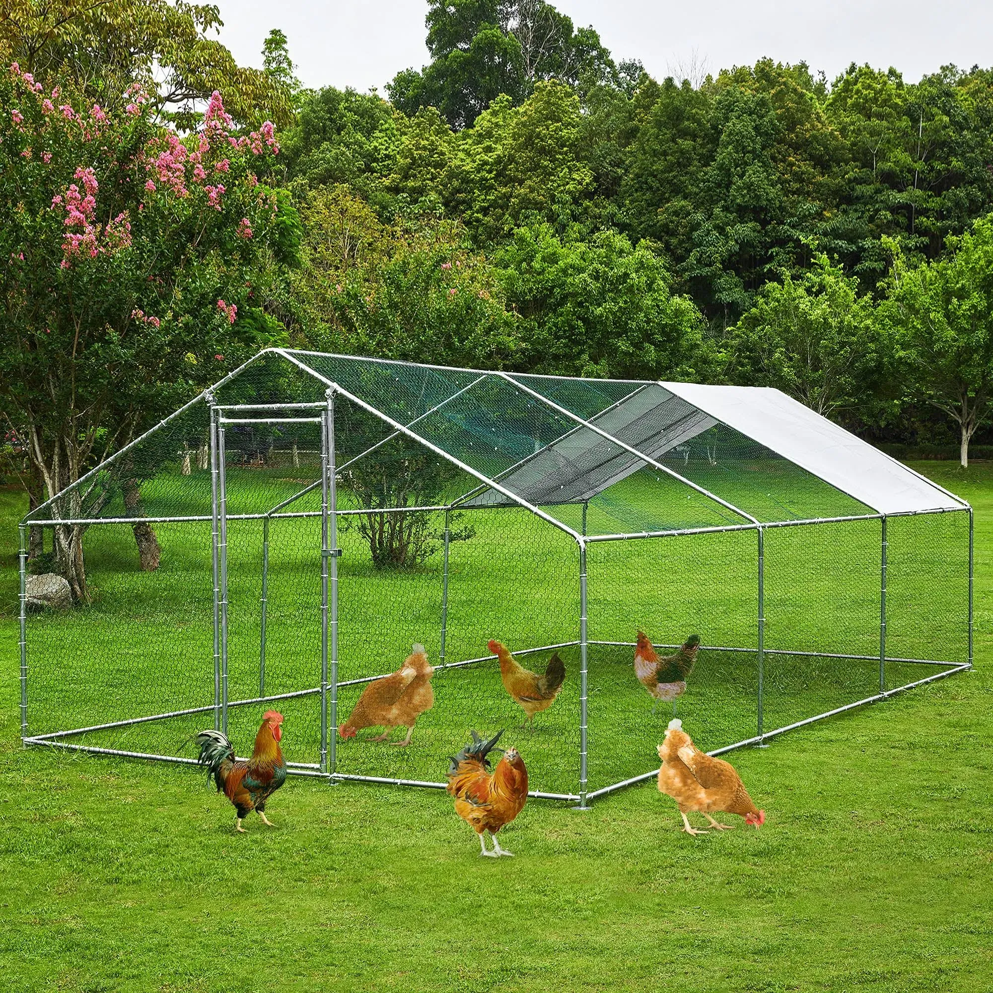 TOETOL Metal Chicken Coop with Run Walkin Poultry Habitat Supplies with Water...