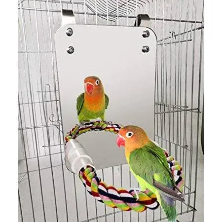 BWOGUE 7 inch Bird Mirror with Rope Perch Cockatiel Mirror for Cage Bird Toys ...