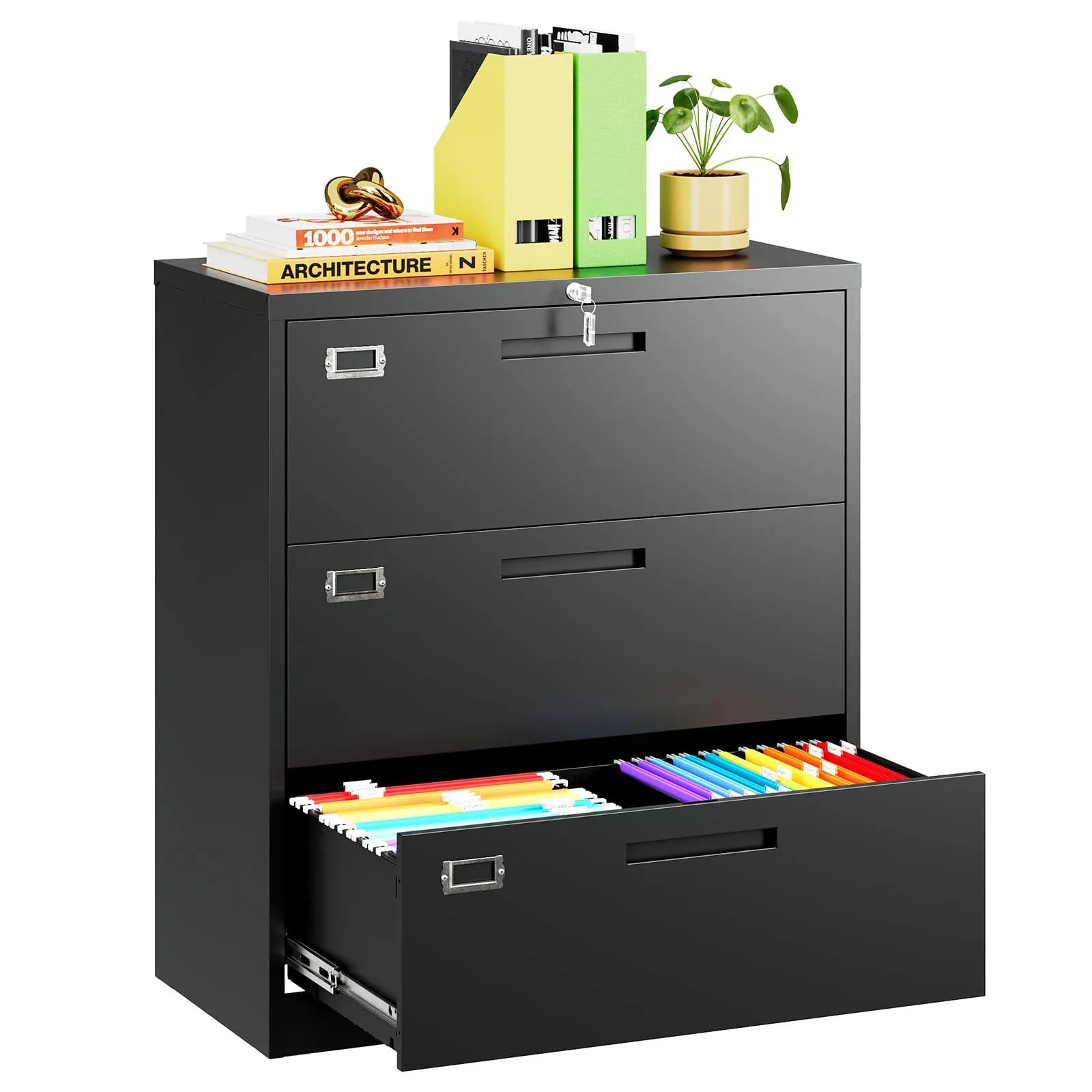 MIIIKO Lateral File Cabinet 3 Drawer Metal Filing Cabinet with Lock F