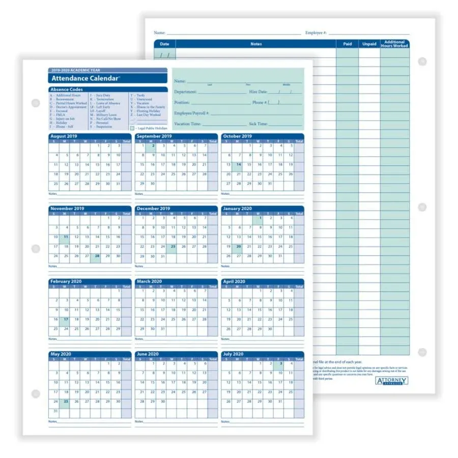 2024-2025 Academic Attendance Calendar, 8 1/2" x 11", Pack of 50