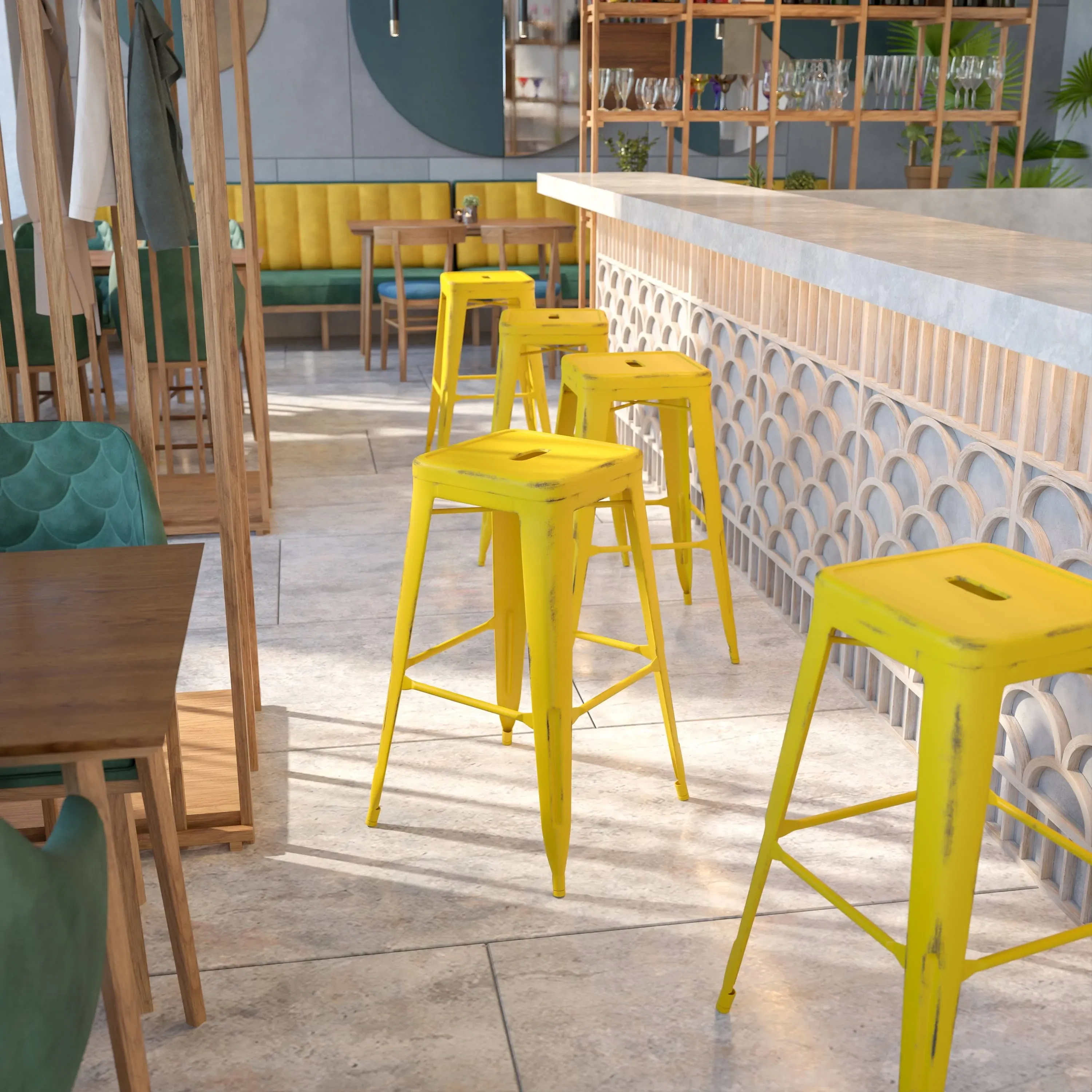 Flash Furniture 30" High Backless Distressed Metal Indoor-Outdoor Barstool Yellow