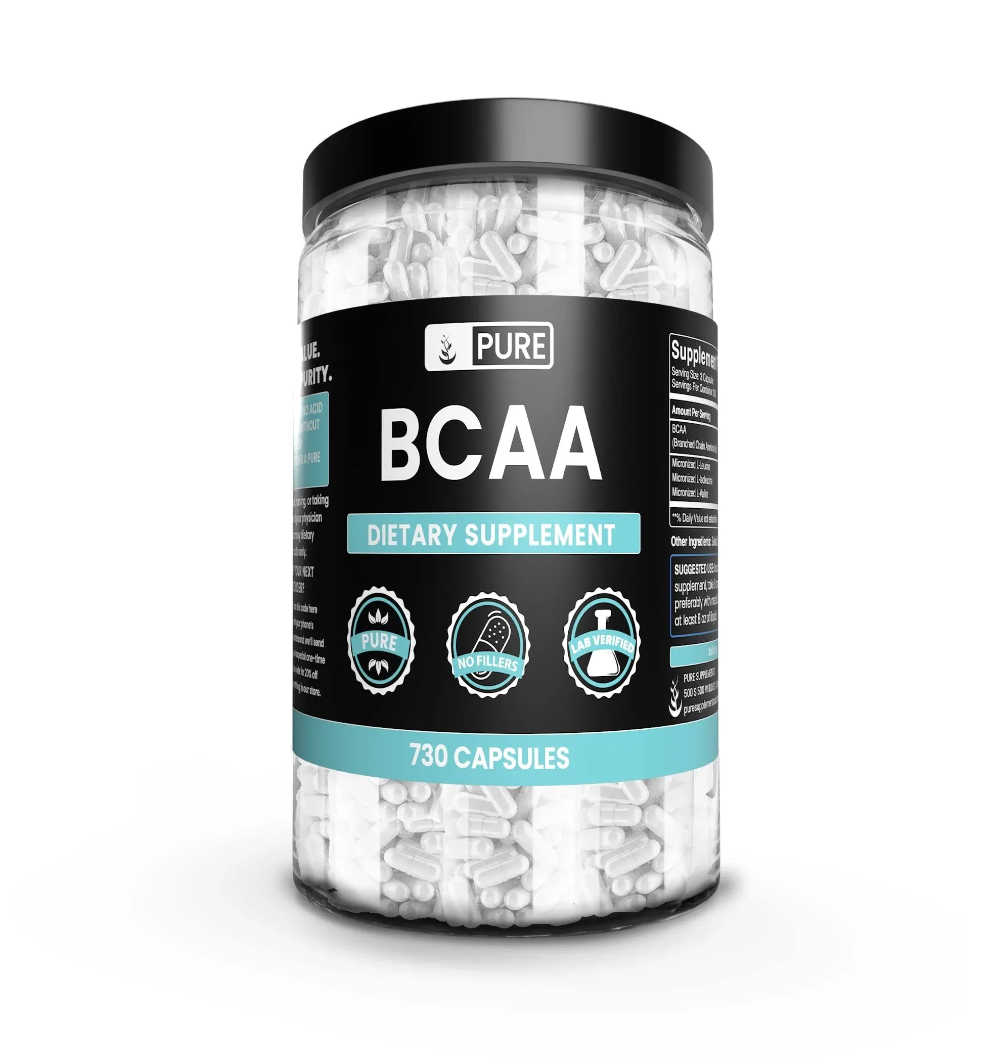 BCAA (730 Capsules) 2:1:1 Ratio, Naturally Sourced, Filler Free, Paleo & Keto ...