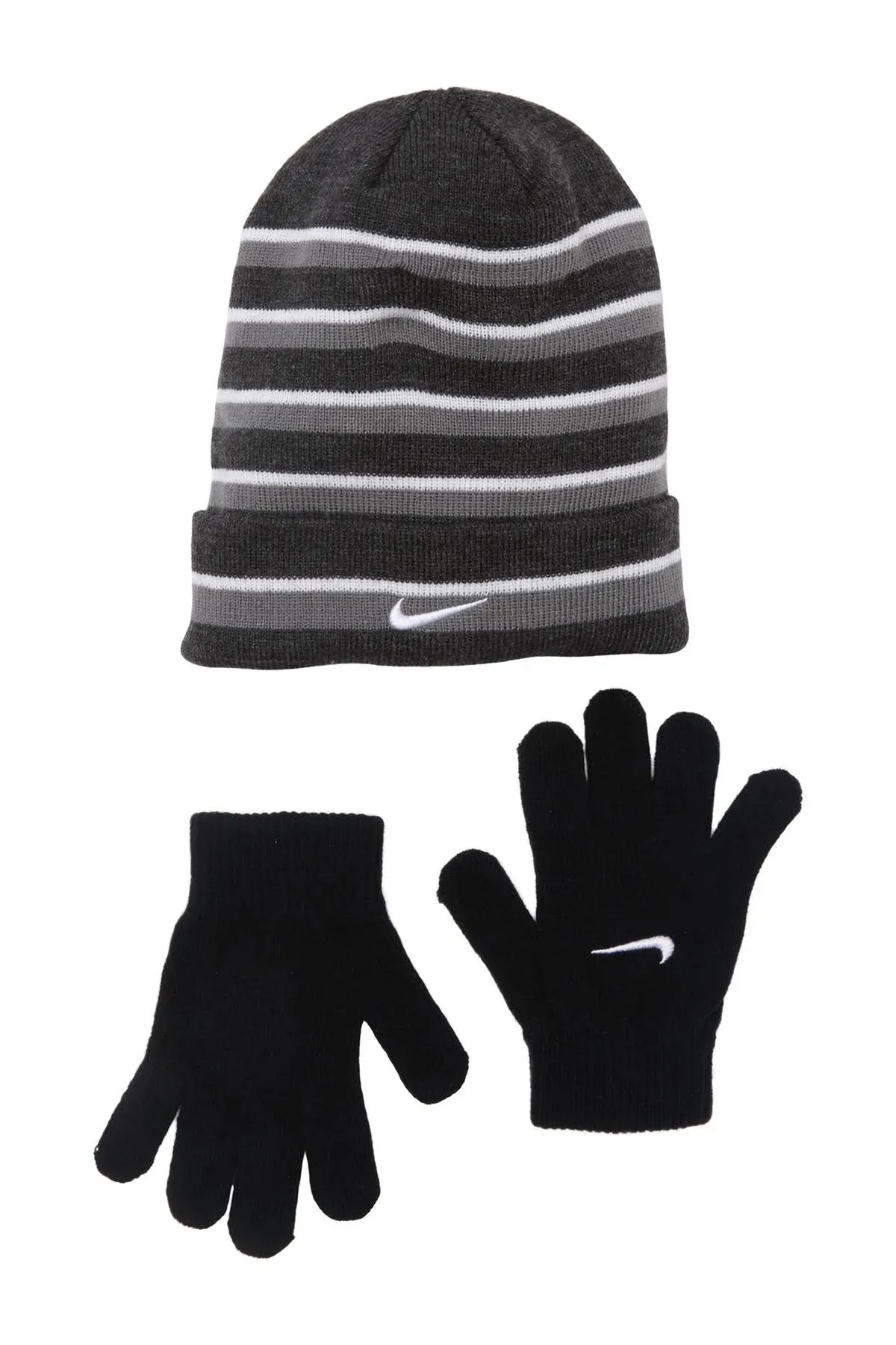 Nike Youth Boys 2 Piece Set Stripes Beanie Black Heather Cool Grey - New w/ tags