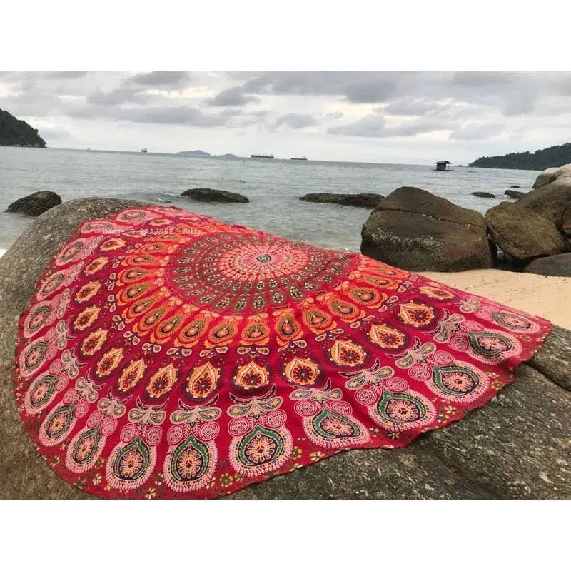 raajsee Red Mandala Round Beach Tapestry Hippie/Boho Beach Blanket Roundie/Indian Cotton Throw Bohemian Round Table Cloth/Yoga Mat Meditation Picnic