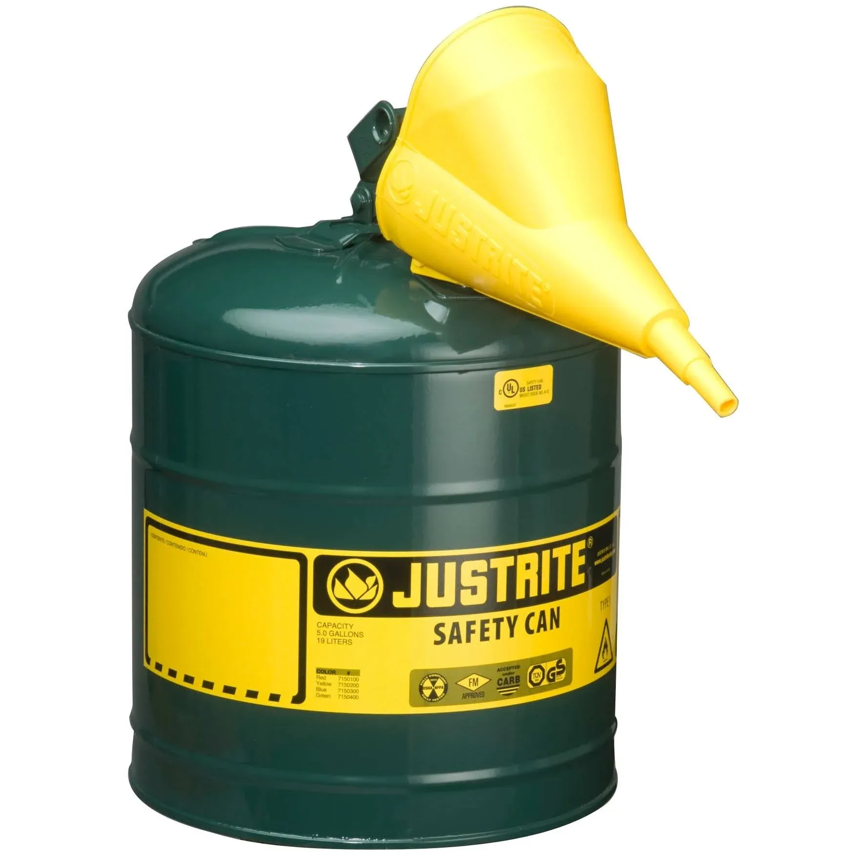 Justrite Type I Steel Safety Can, Oil, 5 gal, Green with Funnel 7150410