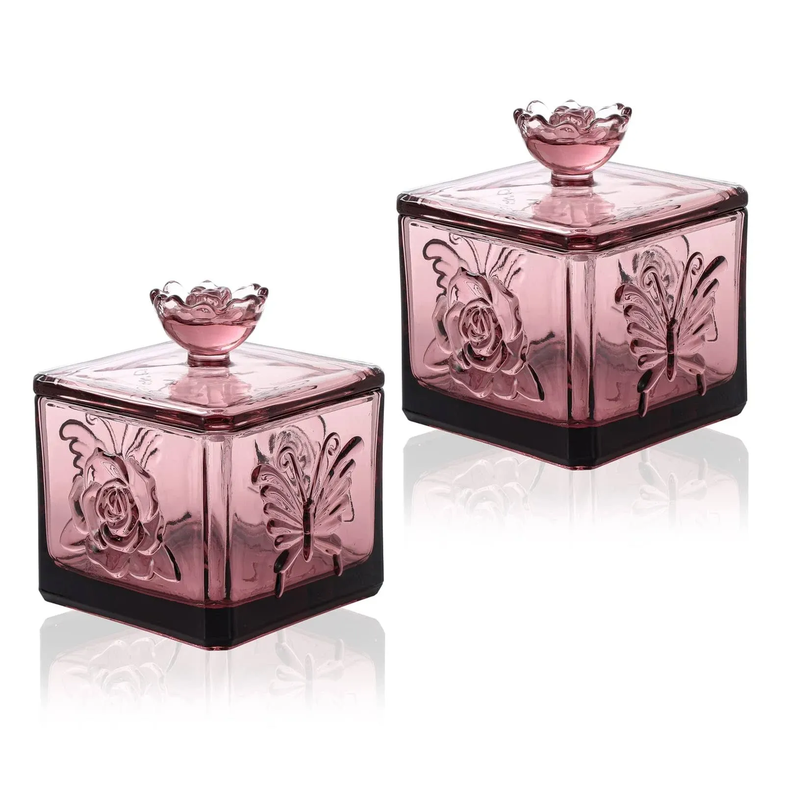 Everest Global Embossed Glass Candy Jar with Lid set of 2 Colorful Decorative Jewelry Box Wedding Candy Buffet Jar Kitchen Storage Jar for Bathroom, Pantry, Office, Red Purple