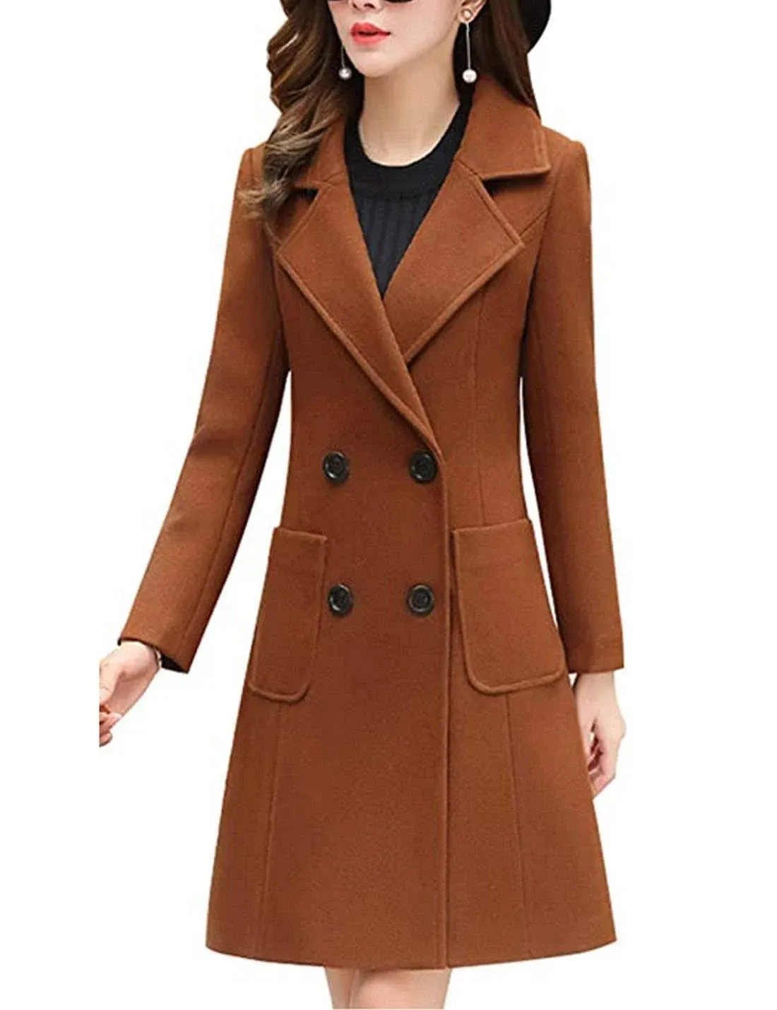 Bankeng Women Winter Wool Blend Camel Mid-Long Coat Notch Double-Breasted Lapel ...