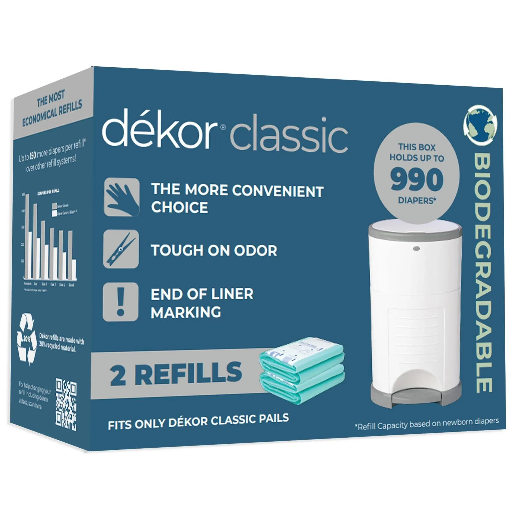 Dekor Classic Diaper Pail Biodegradable Refills | 2 Count (Pack of 1), White 