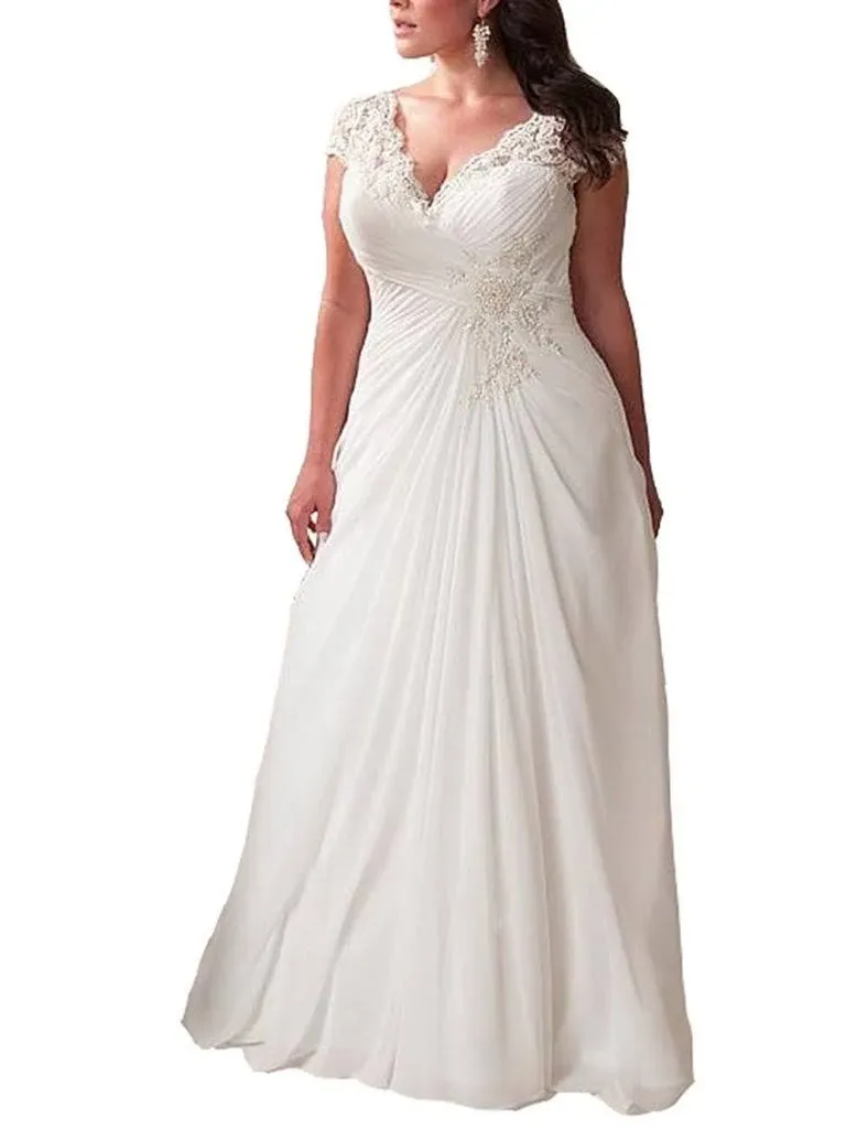 Yipeisha Women's Elegant Applique Lace Wedding Dress V Neck Plus Size Beach ...