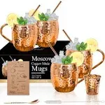 Airbin Moscow Mule Copper Mugs - Set of 4-100% Handcrafted Solid Copper Mugs, Gift Set with 4 Copper Straws, 1 Stirring Spoon, 1 Copper Shot Glass, 1