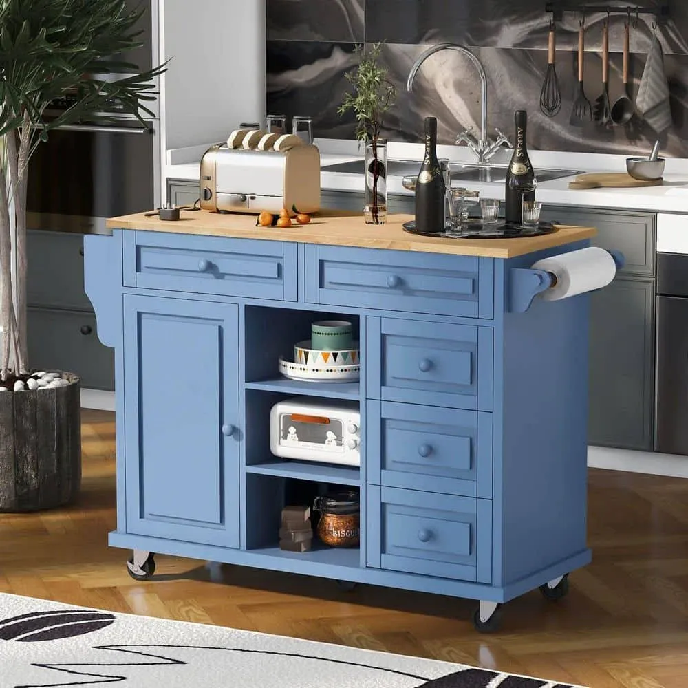 52.8 in. W Blue Modern Rolling Mobile Kitchen Cart Kitchen Island with Storage ...