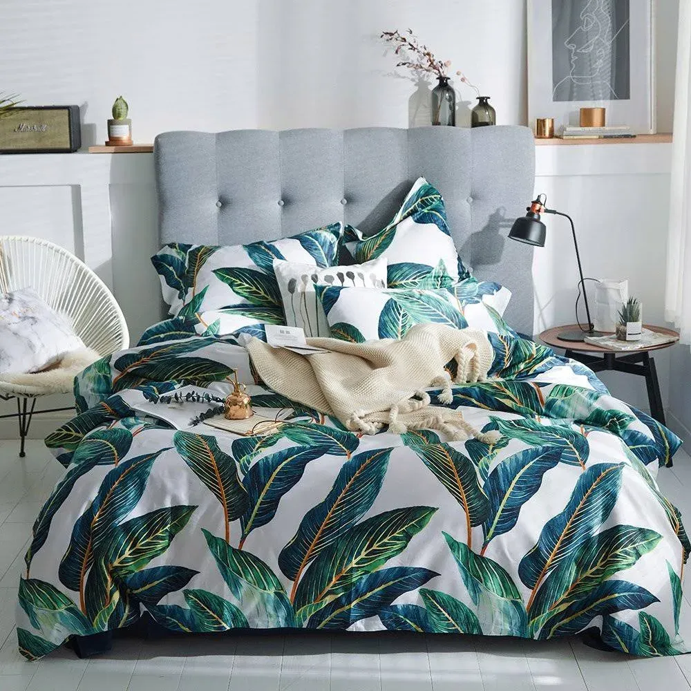 AMWAN Green Leaves Tropical Duvet Cover Set Queen Long Staple Cotton Floral Bedding Set Full Reversible 3 Pcs Leaves Comforter Cover Set 1 Duvet Cover with 2 Pillowcases Queen Bedding Collection