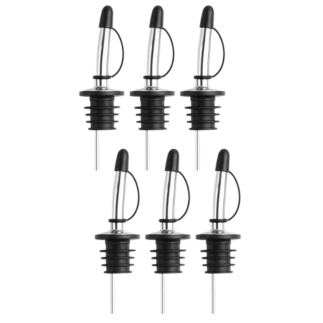 6-Pack Premium Stainless Steel Classic Tapered Spout Bottle Pourers with Rubb...