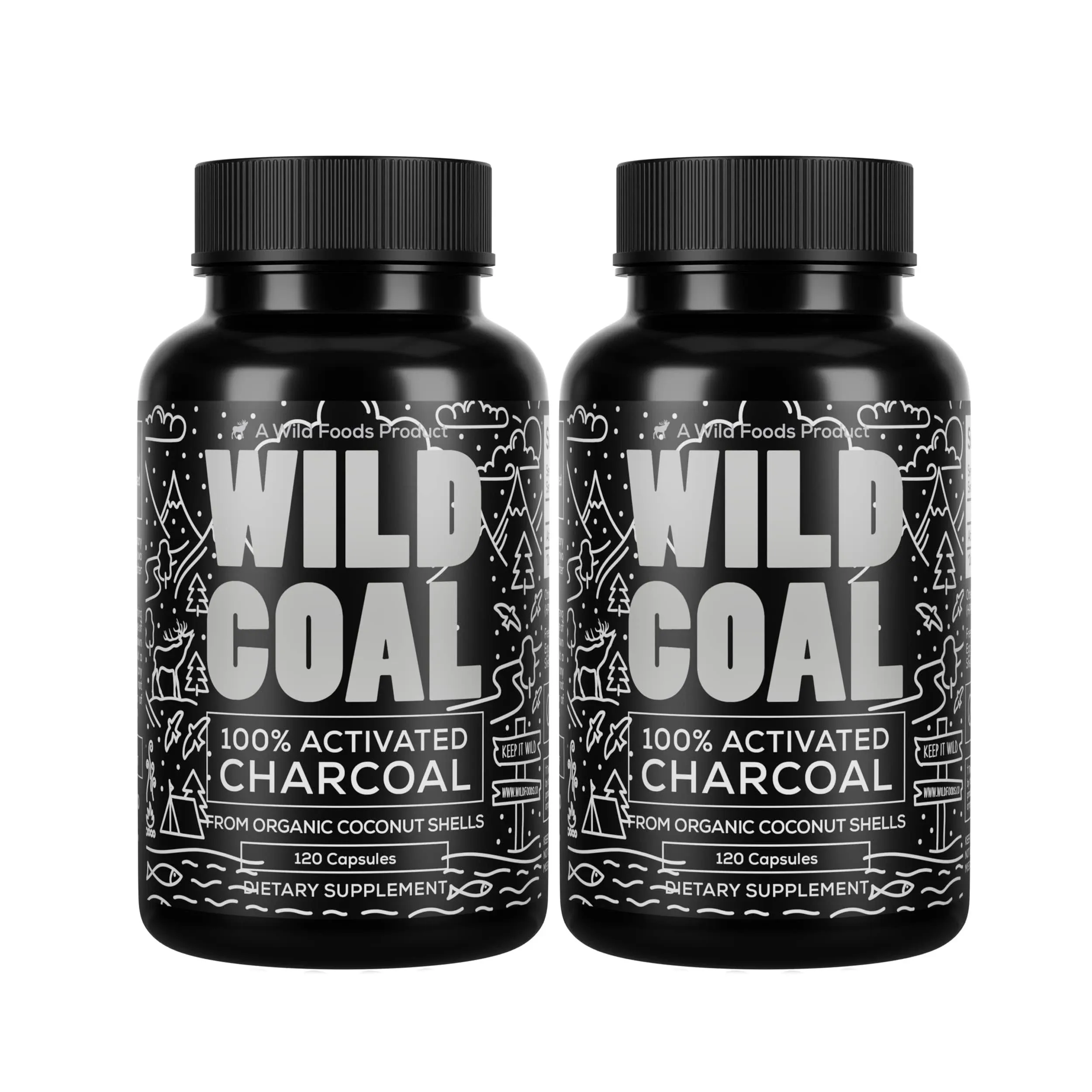 Wild Foods Activated Charcoal Capsules | 100% Organic Coconut Shells Active Tablets for Bloating Relief | Lab Tested & Non-GMO Detox Pills | USA (Two Bottles - 120 Capsules)