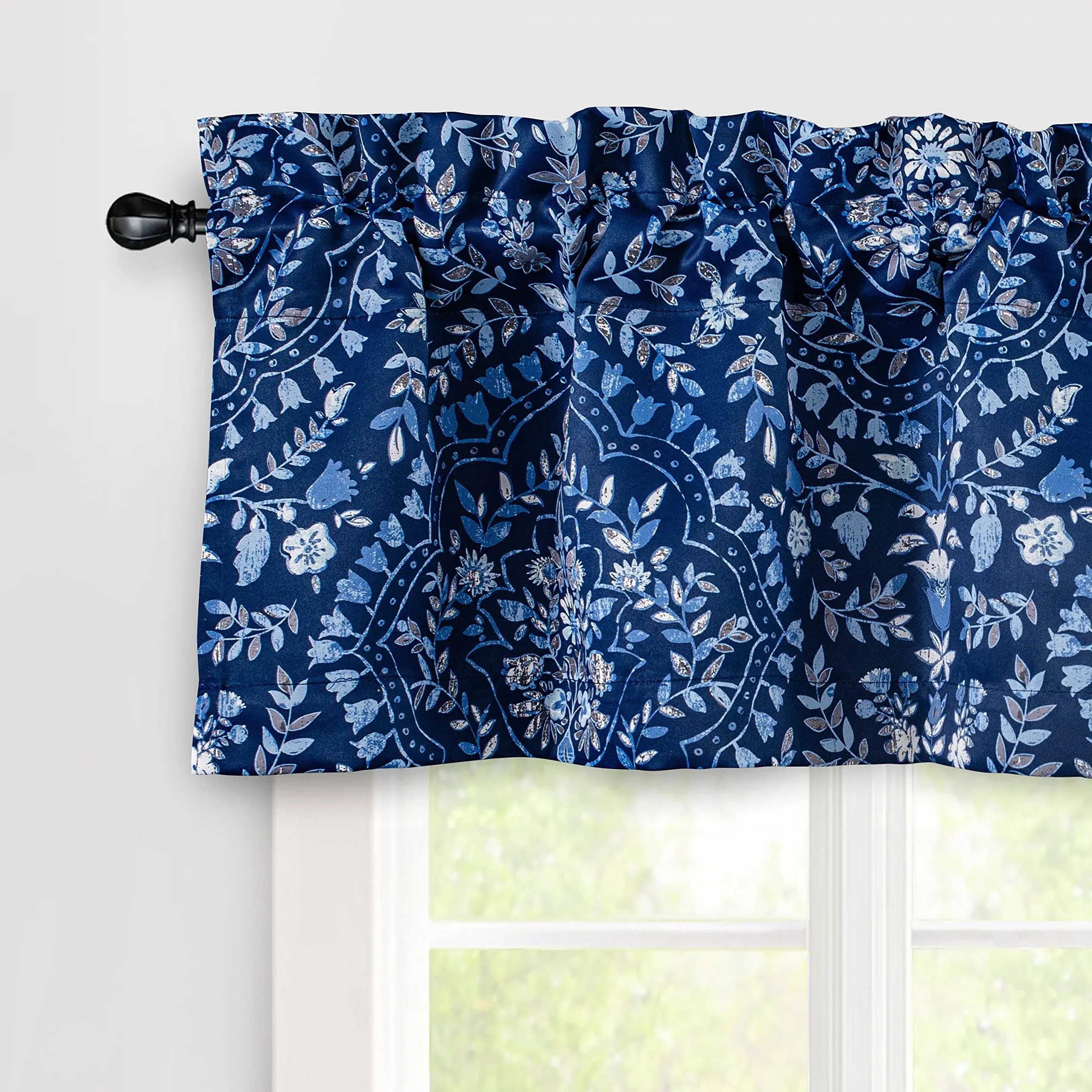 DriftAway Fleur Floral Damask Medallion Window Curtain Navy Blue 52&#034; width x 14&#034;