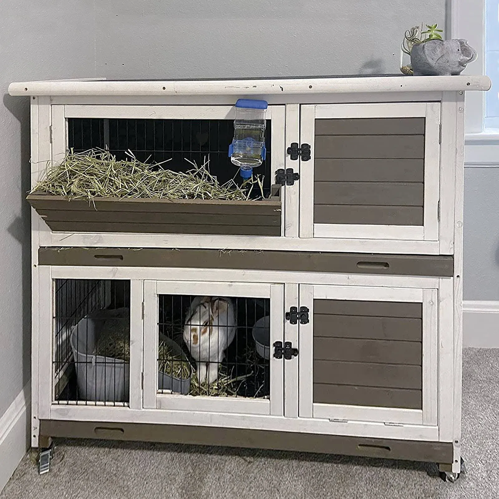 Rabbit Hutch Indoor and Outdoor 2- Story Bunny cage on Wheels - Deep No Leaka...