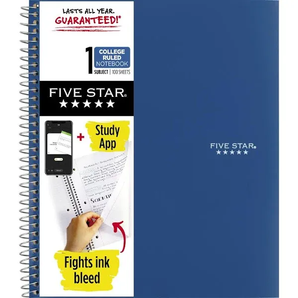 Five Star Spiral Notebook Plus Study App, 1-Subject, College Ruled Paper, 100 Sheets, 8-1/2" x 11", Pacific Blue (72565)