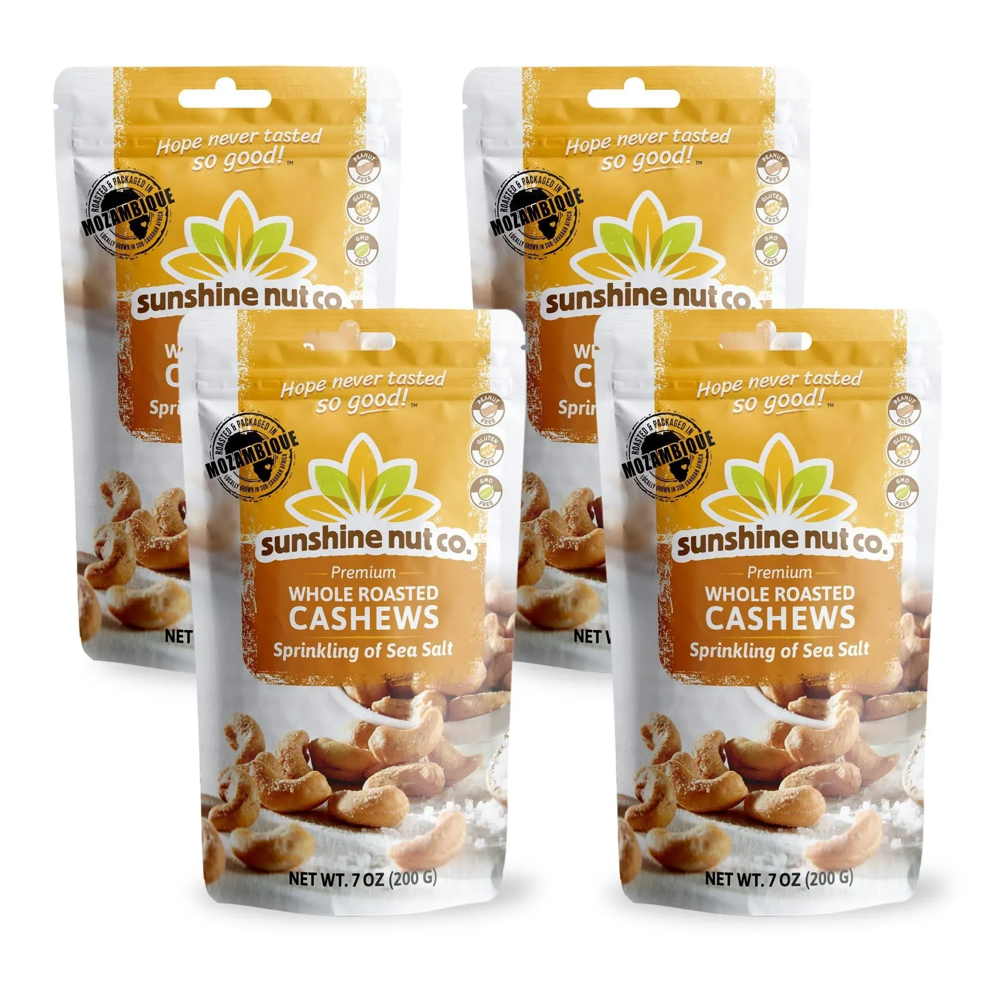 Whole Roasted Lightly Salted Cashews by Sunshine Nuts Co., Gluten Free, Peanut Free and Vegan Individual Snack Packs for Kids and Adults, GMO Free, Sprinkling of Salt Flavor, 4 Pack, 7 oz. Each