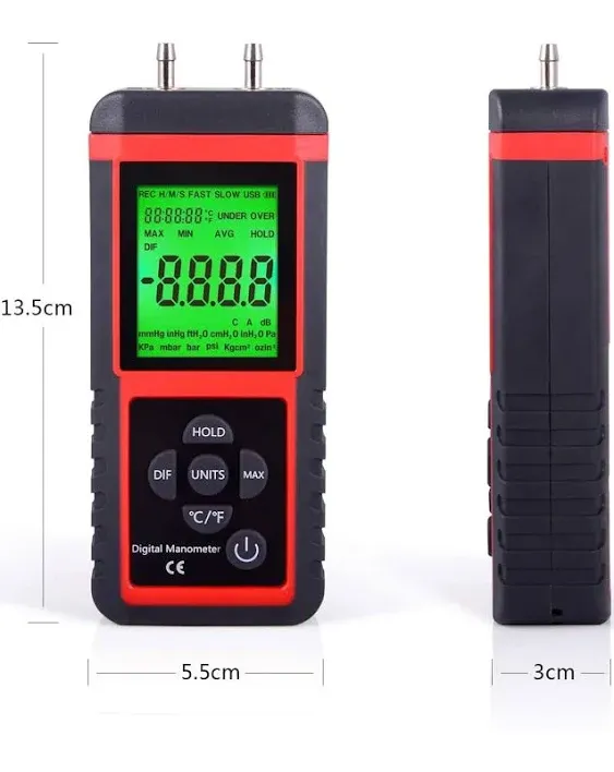 Digital Manometer Gas Pressure Meter 2 Ports Differential Air Test Gauge ±2.999 