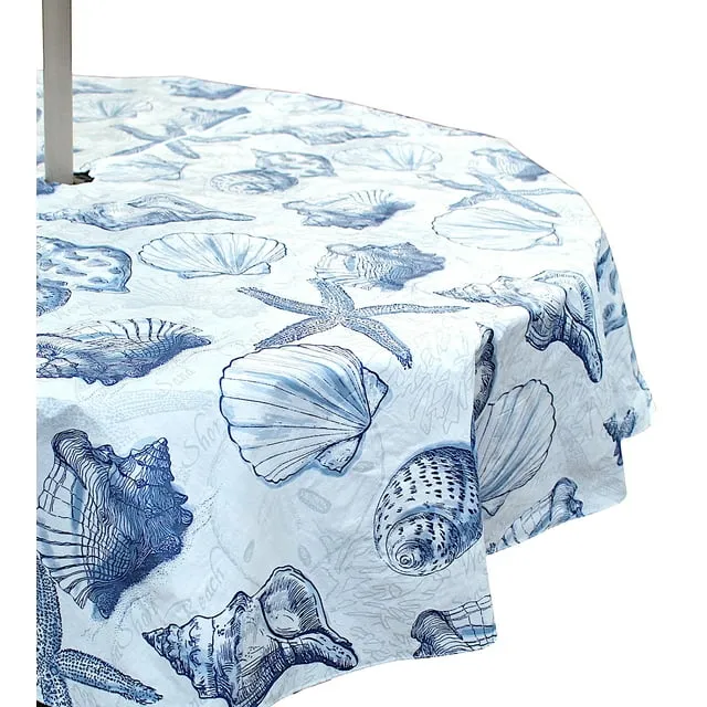 Outdoor Summer Ocean Beach Shells Sketched Coastal Patio Table Umbrella Vinyl Tablecloth, Umbrella Hole with Zipper, Navy Blue White, 52" x 70" Inch Rectangle